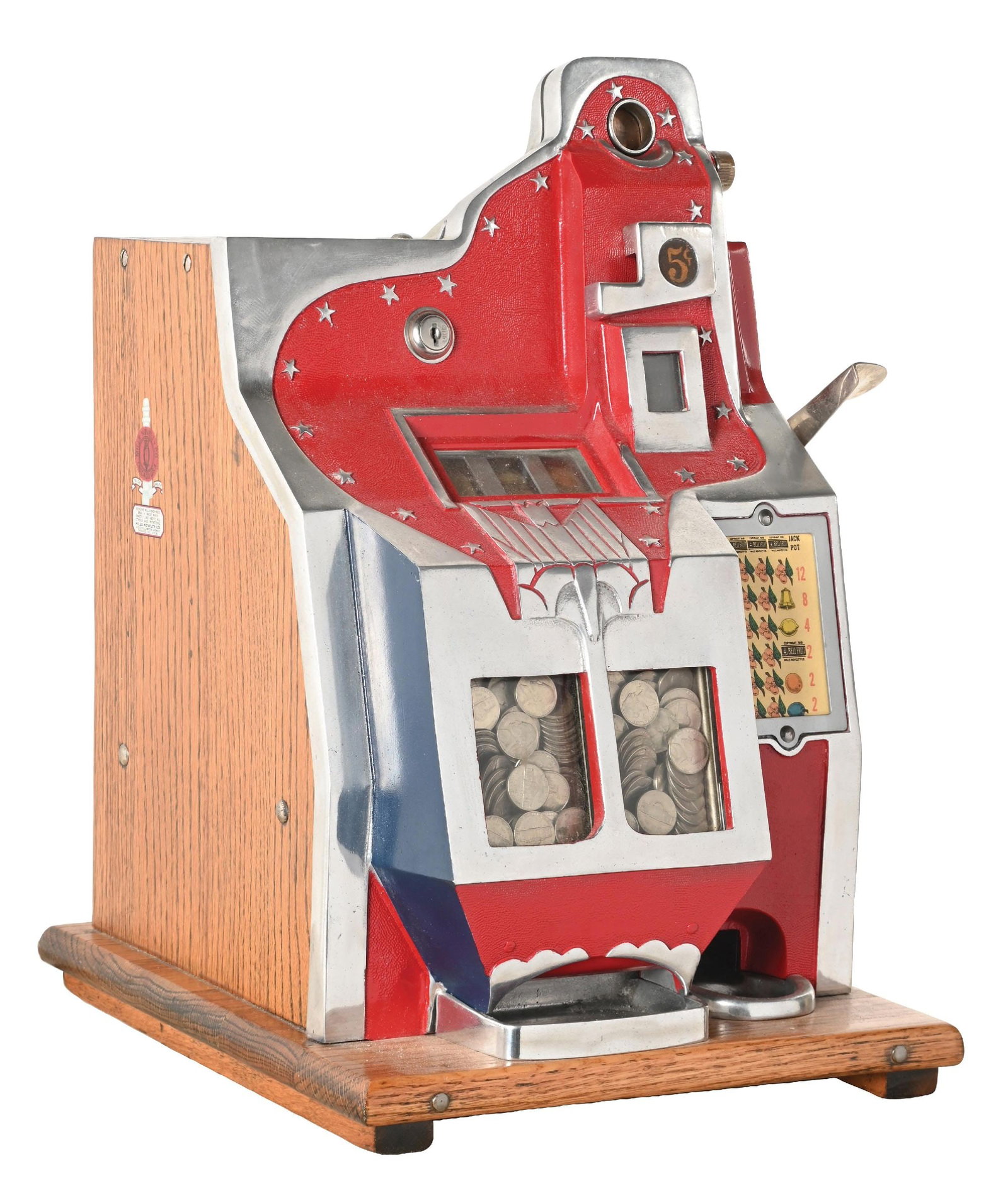 5¢ MILLS NOVELTY CO. QT FIREBIRD SLOT MACHINE: CONDITION: Showing an older restoration to the cabinet with original reel strips and new award card. The back door is now as well as the cash box. Plays but does not currently pay as the coin slides a