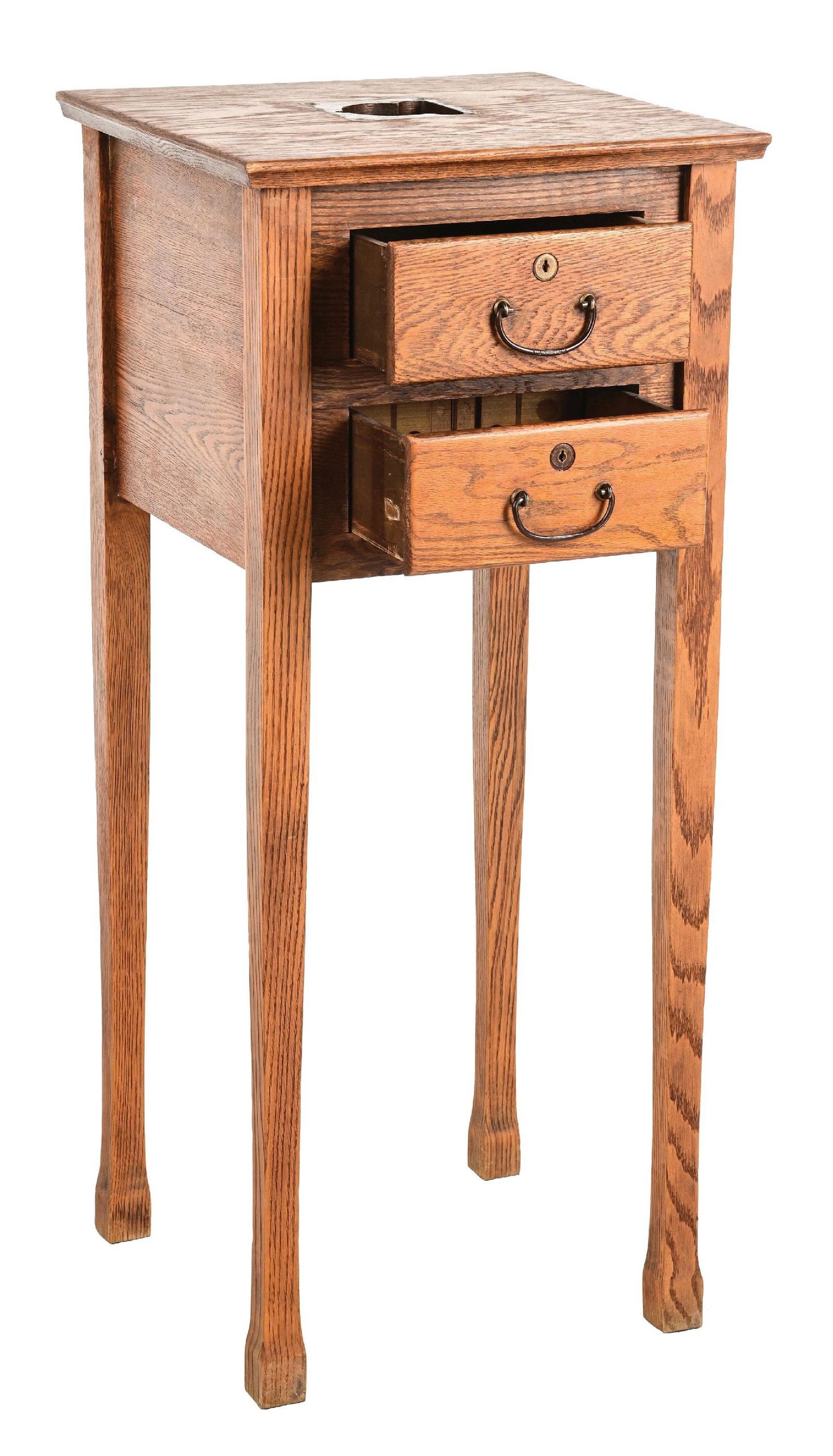 SLOT MACHINE OAK STAND WITH CASH DROP: CONDITION: Original oak slot machine stand with a drop hole in the top to collect coins in the drawers below. Original finish and hardware. This is not a standard shippable item and will require 3rd p