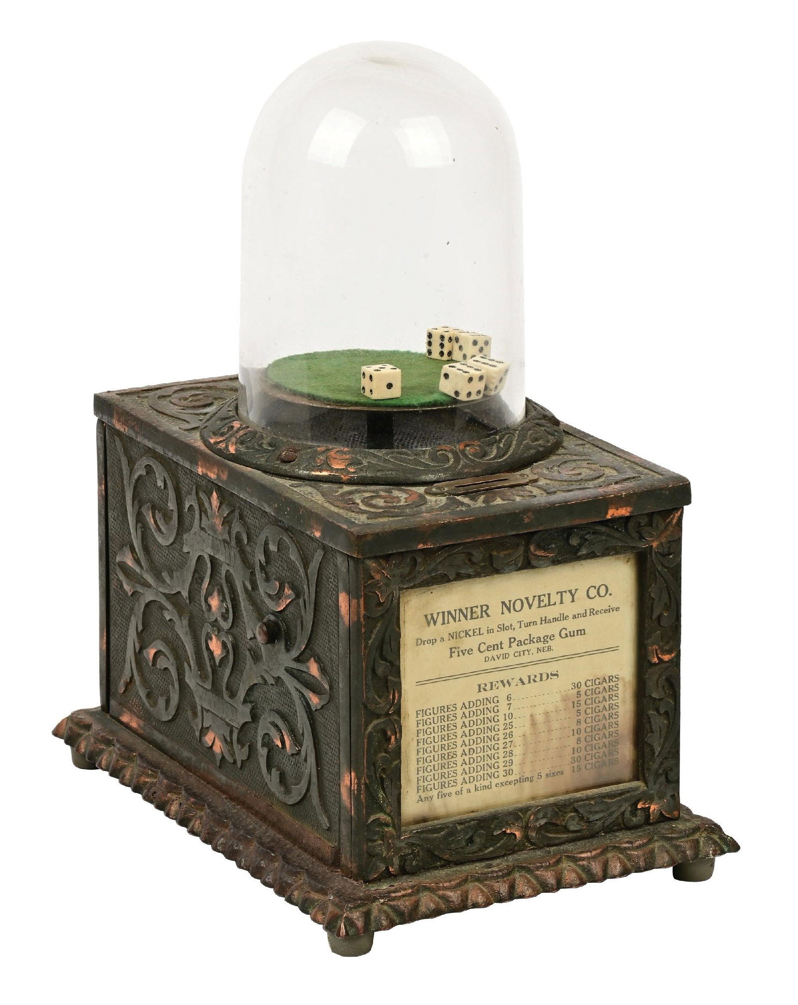 5¢ CAILLE "WINNERS DICE" CIGAR TRADE STIMULATOR: C. 1910. CONDITION: An all original trade stimulator. It shows an aged patina to the copper flashing and plating to the cast iron exterior. It has an original glass dome, interior and dice. The award 