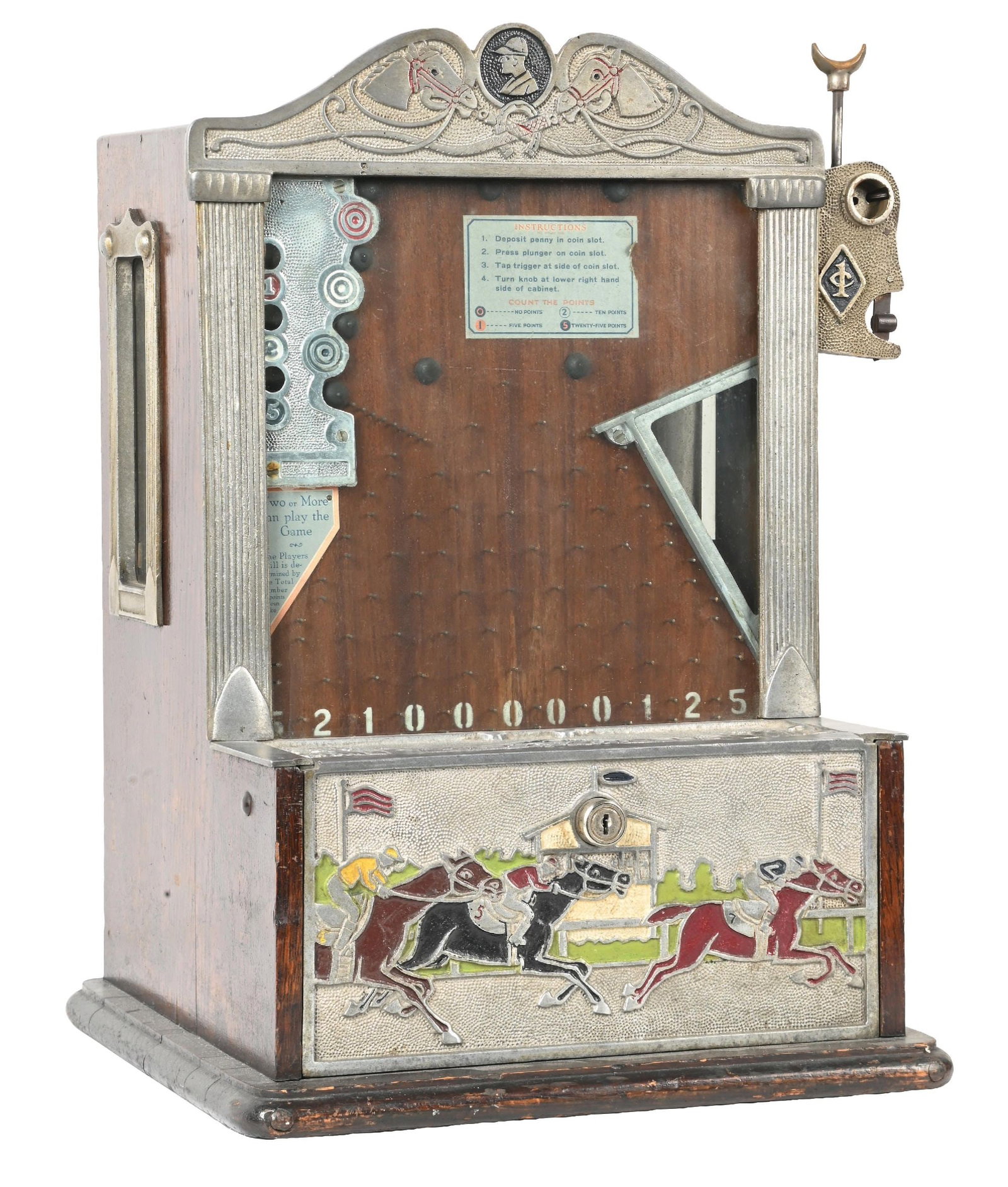 1¢ O.D. JENNINGS CO. "THE FAVORITE" TRADE STIMULATOR & GUM VENDER.: C. 1927. CONDITION: This machine is all original, with an older inpainting to the front casting, original finish to the cabinet, with two original decals, an original back door and original instructio