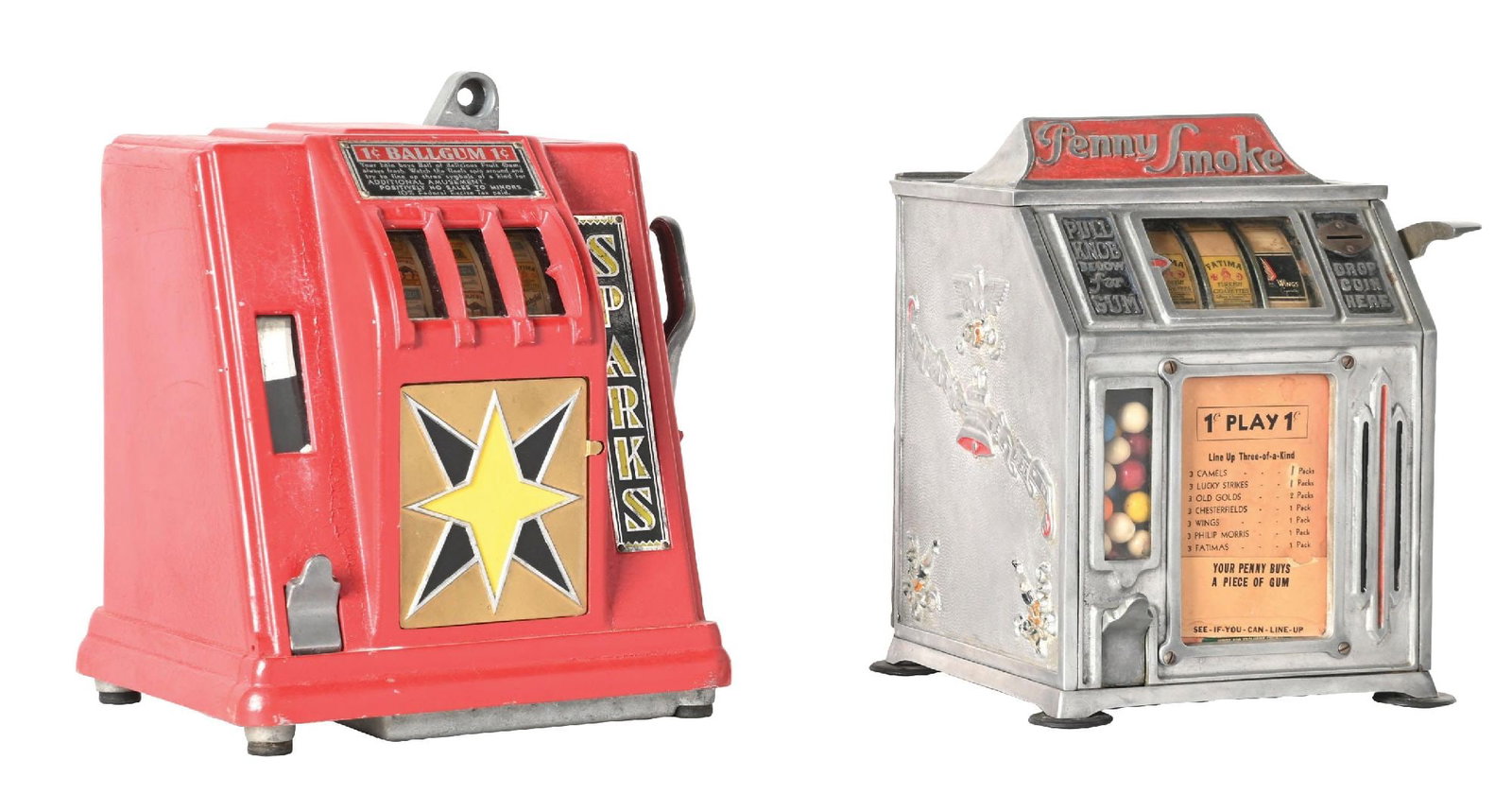 A PAIR OF TRADE STIMULATORS: 1¢ GROETCHEN SPARKS AND GROETCHEN PENNY SMOKE: CONDITION: (A) Original Groetchen 1¢ Sparks trade stimulator showing a recent new paint in red, with original reel strips and with original labeling to the exterior. Fully operational and with co