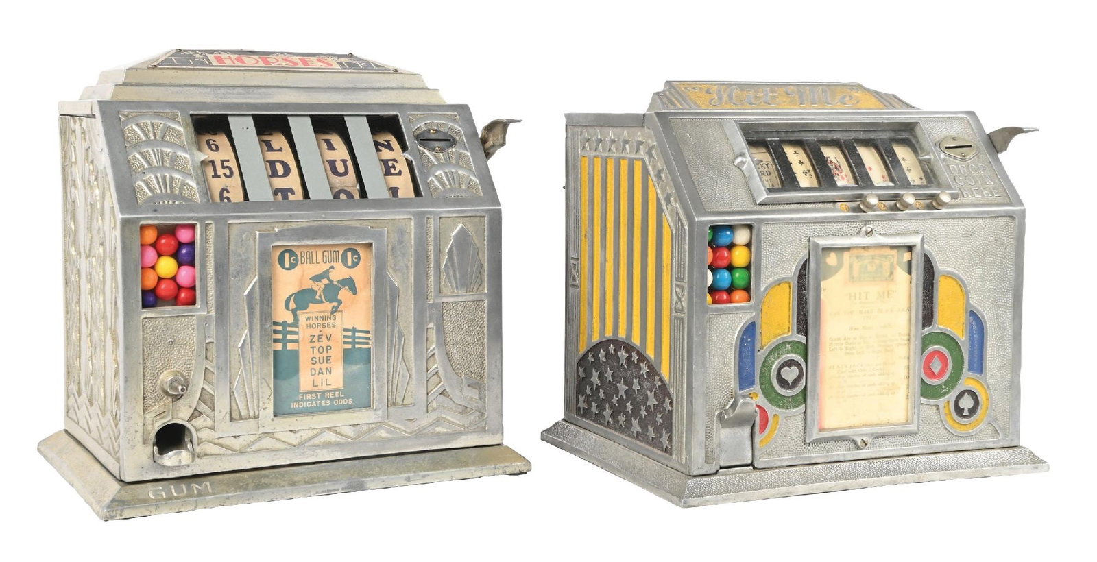 A PAIR OF TRADE STIMULATORS: BUCKLEY MFG. HORSES & PIERCE MFG. HIT ME: CONDITION: (A) Aluminum original cast iron trade stimulator from Buckley Manufacturing called Horses, showing original patina to the exterior, original back door, all original reel strips and award ca