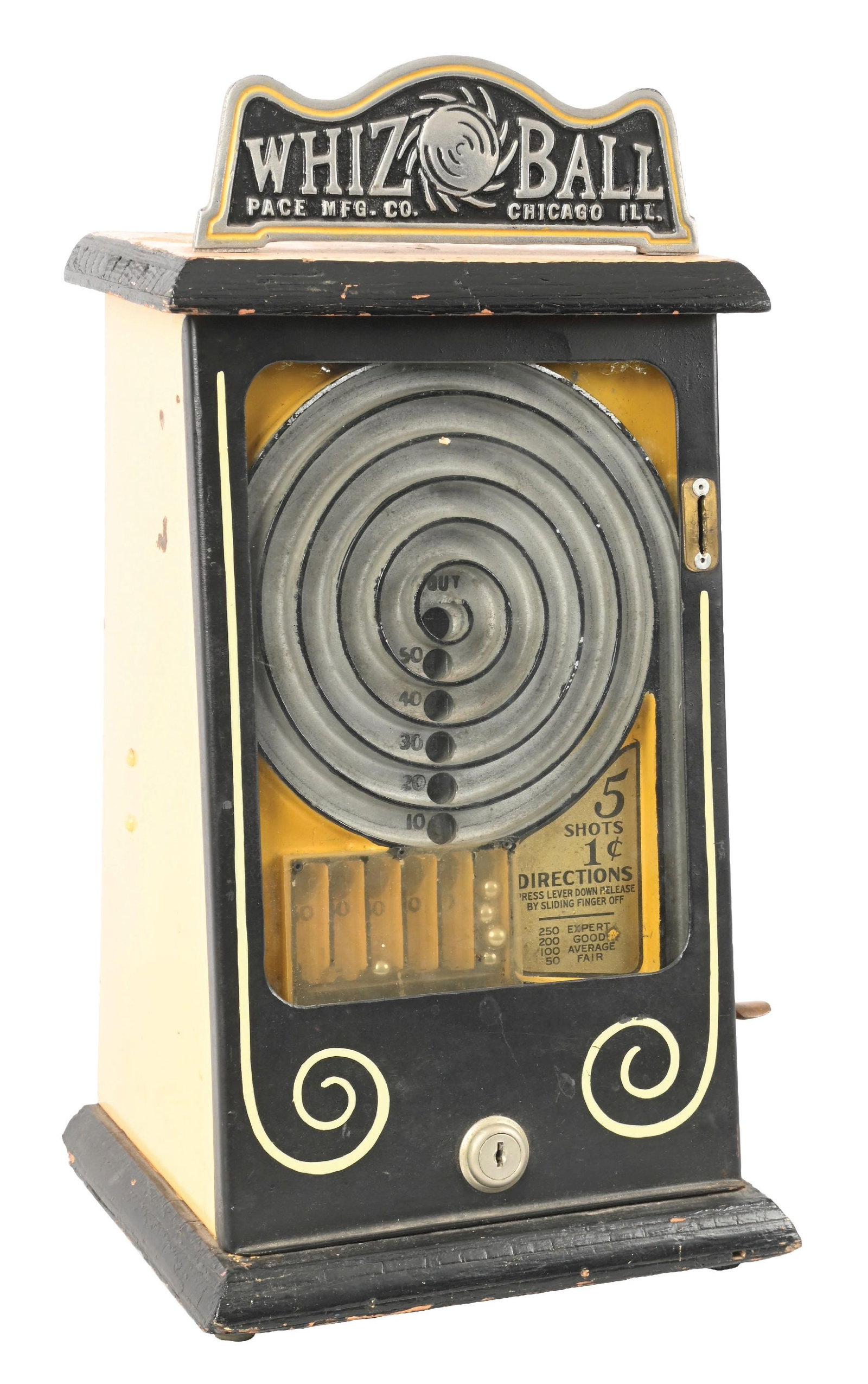 PACE MFG. CO. WHIZ BALL COUNTERTOP TRADE STIMULTOR: C. 1935. CONDITION: This machine shows an older restoration with new black and yellow paint, black paint to the wood top, black inset paint on the marquee and yellow paint to the playfield. It has ori