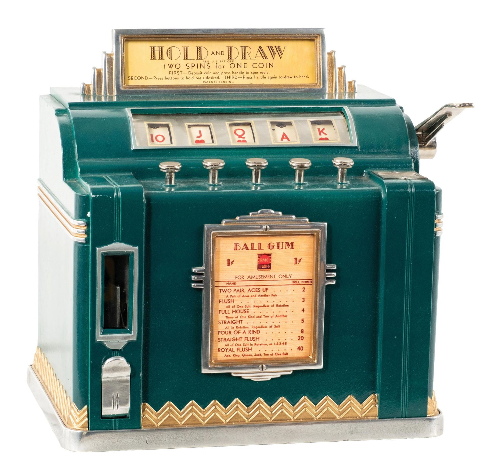 ROCK-OLA "HOLD AND DRAW" DRAW POKER TRADE STIMULATOR: CONDITION: Showing an older restoration with new green paint, polished unpainted surfaces, new reel strips, original marquee, with working skill stops. Machine works perfectly and is from a fresh-to-m