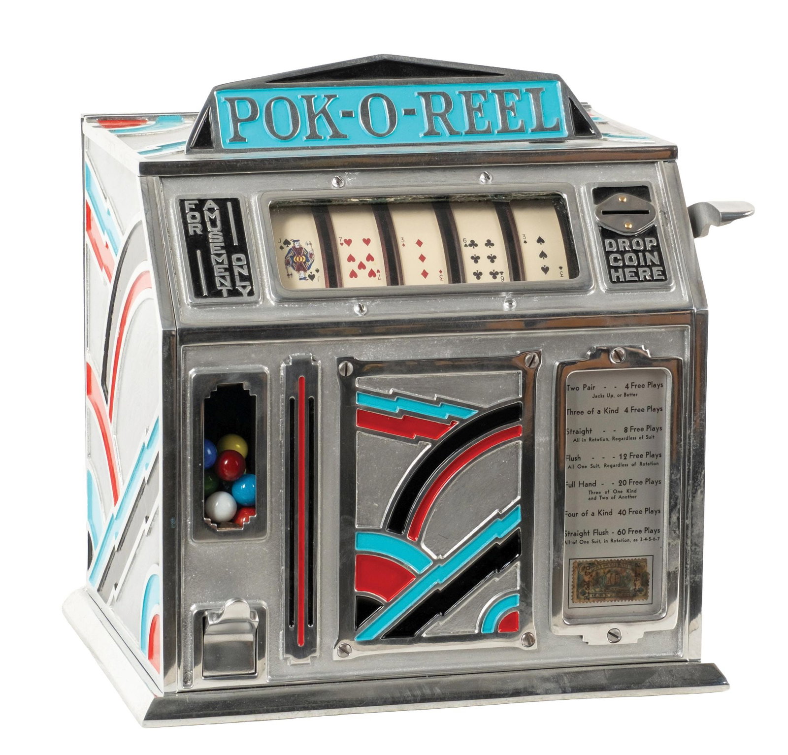 GROETCHEN POK-O-REEL POKER-THEMED ALUMNIUM TRADE STIMULATOR: CONDITION: Showing a restoration with polished cabinet, new inset paint, new reel strips, new award card, and 100% working gumball mechanism. Working perfectly and from a fresh-to-market collection. C