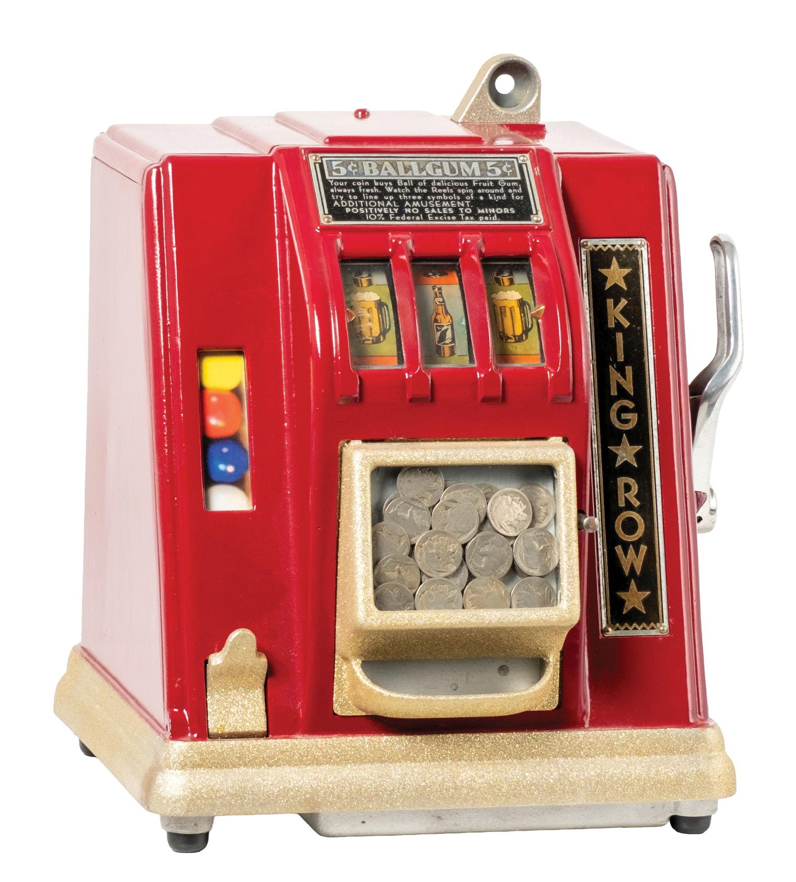 5¢ "KING'S ROW" BAR-THEMED TRADE STIMULATOR: CONDITION: Showing an older restoration with new paint to the aluminum exterior, working gumball mechanism and jackpot, new reel strips, and original back door. Fully operational and from a fresh-to-m