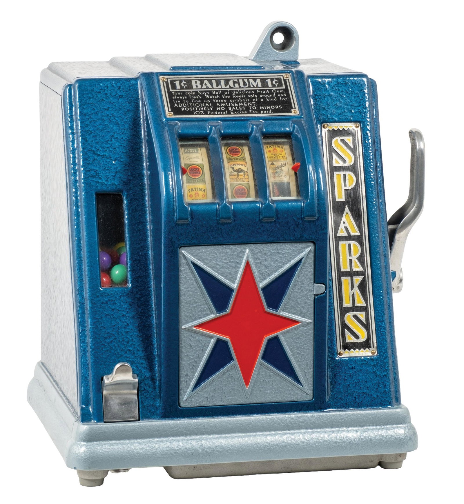 1¢ "SPARKS" CIGARETTE-THEMED TRADE STIMULATOR: CONDITION: Showing a restoration to the exterior cabinet with new blue paint, original reel strips and working gumball mechanism, with original back door. Working perfectly and from a fresh-to-market 