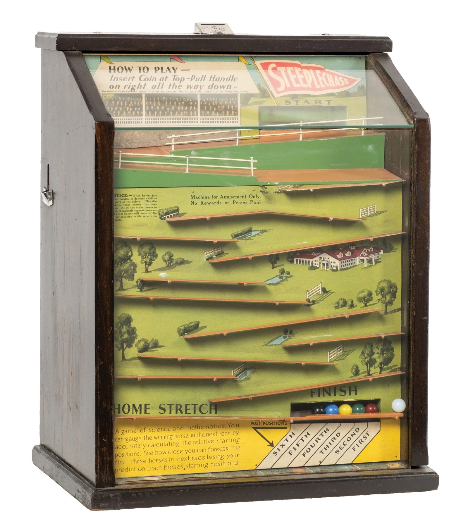 1¢ STEEPLECHASE HORSE RACING-THEMED COUNTER SKILL GAME: CONDITION: Showing an older restoration to the case, with an original interior, some areas of wear due to the wear the marbles make on the channels, original background with good color and bright grap