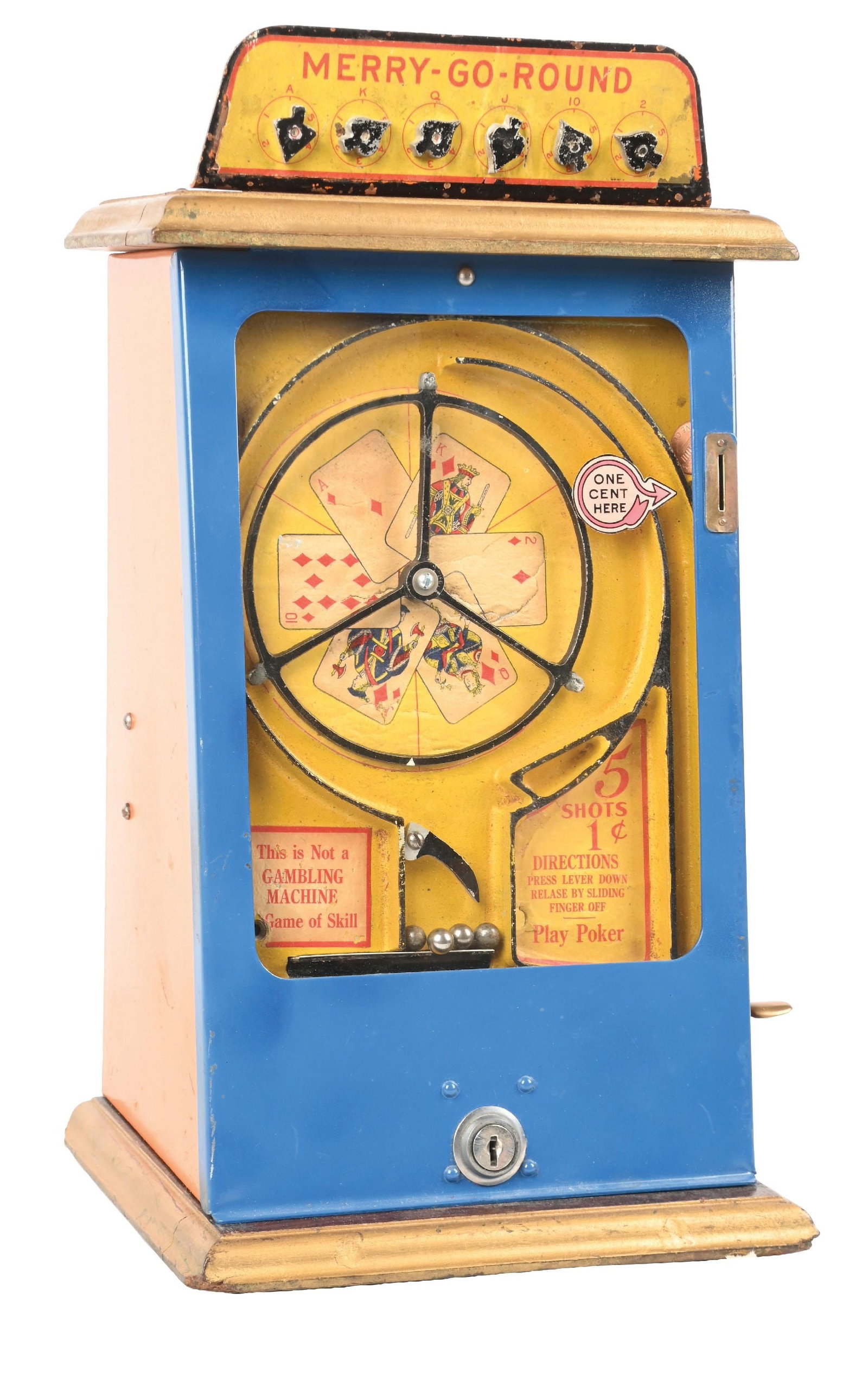 1¢ GENCO CORP. MERRY-GO-ROUND ARCADE SKILL GAME: This is a countertop flip ball machine of Genco Corp. manufactured in 1931. CONDITION: Showing a repaint to the front case, original interior that is operational, original marquee and full operational