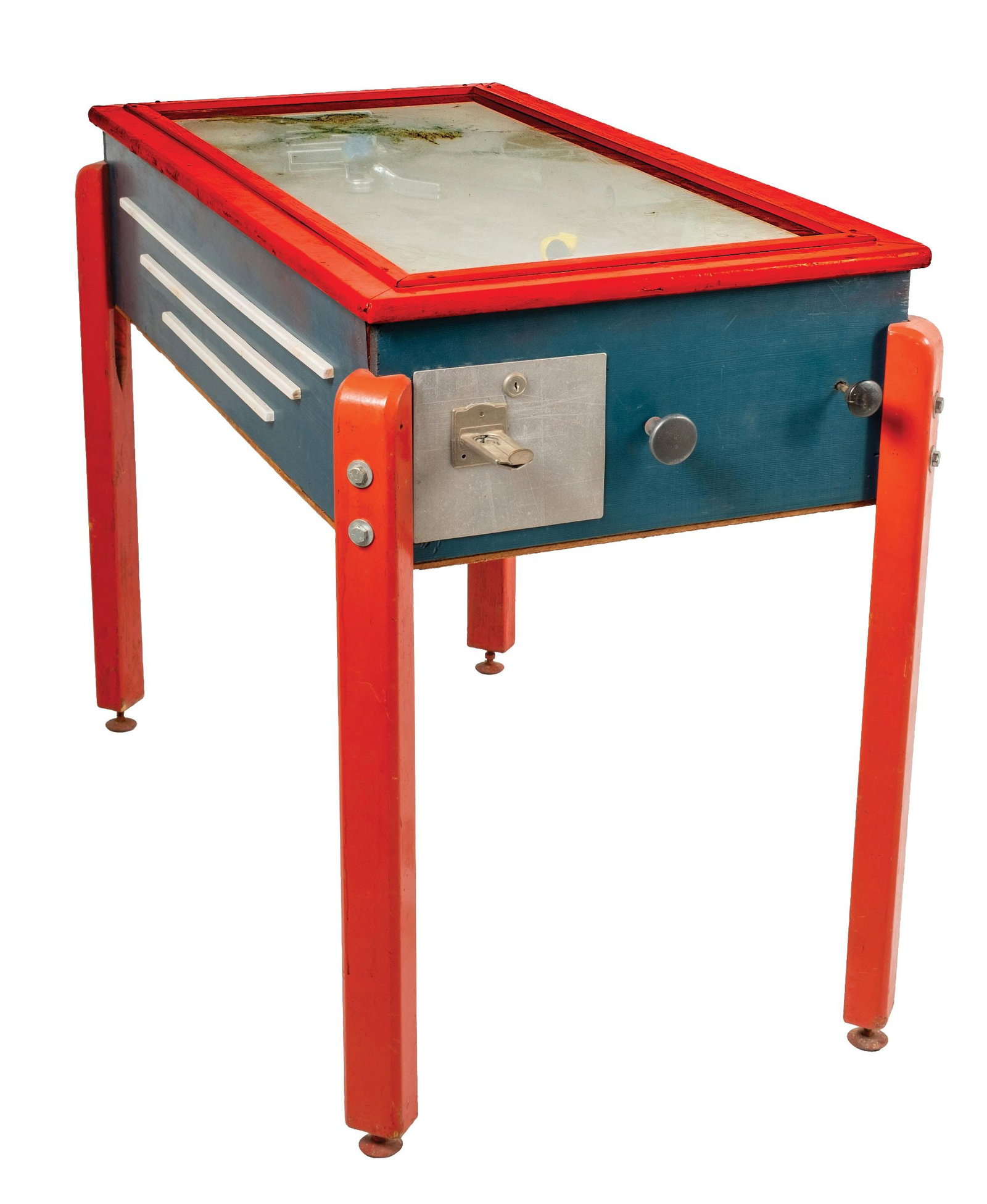 COIN-OPERATED 2-PLAYER HOCKEY ARCADE GAME: CONDITION: Showing all original game in operator red and green paint, showing areas of oxidation to the non-painted surfaces. The interior shows some areas of lifting paint due to age and use. The two