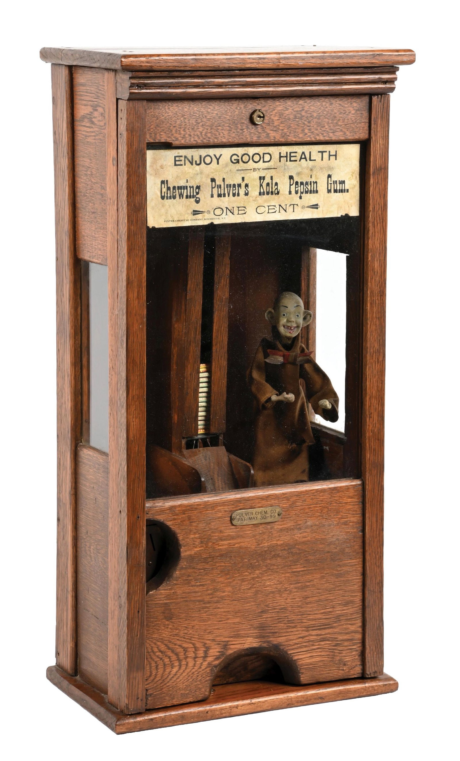 1¢ THIN CASE WOODEN PULVER TAB GUM VENDING MACHINE: C. 1897, Pulver Chemical Company Rochester, NY. CONDITION: It shows a refinished oak cabinet with a Yellow Kid figure in early clothing. The Yellow Kid shows original paint to the head, and shows a re