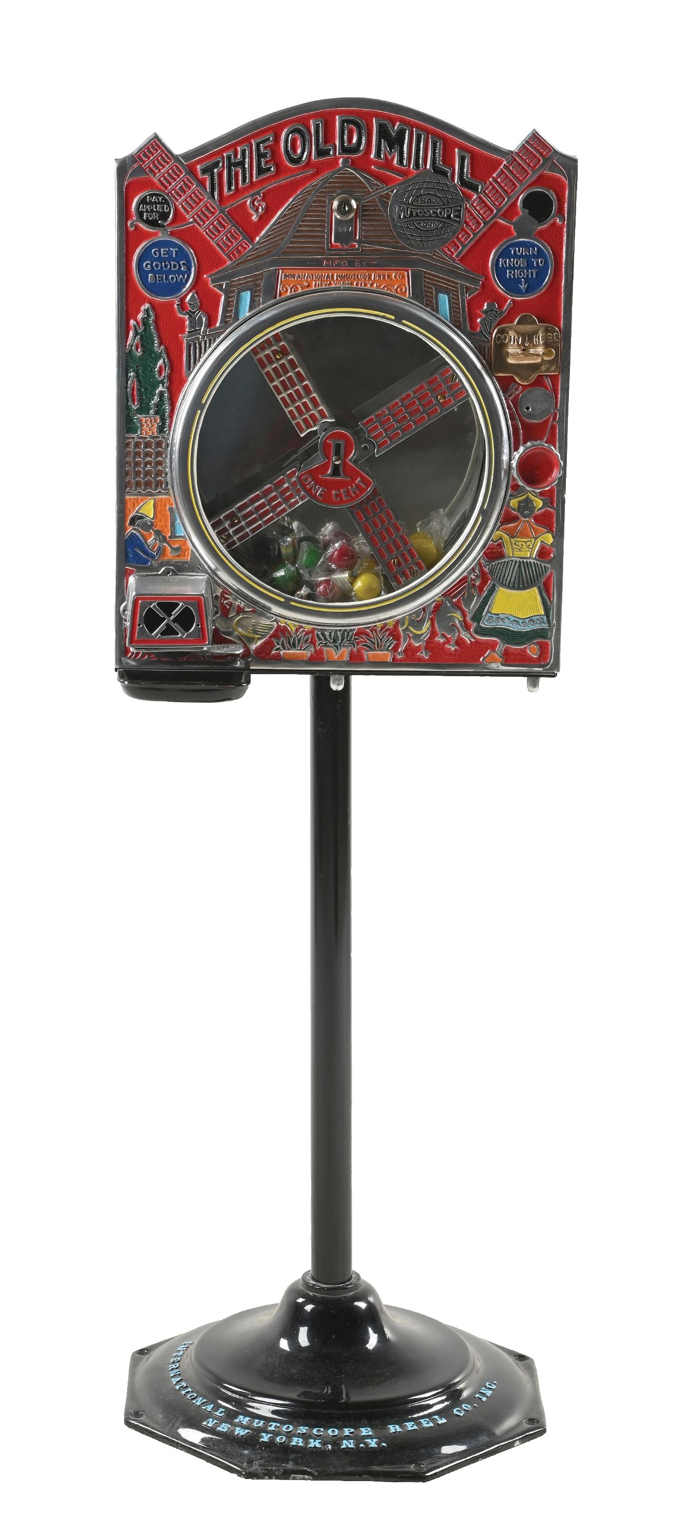 1¢ INTERNATIONAL MUTOSCOPE THE OLD MILL VENDING MACHINE: C. 1928, made by International Mutoscope Company. The highly embossed front aluminum casting on sheet metal body vending machine has a beautiful look with polished shine and new inset applied paint. T