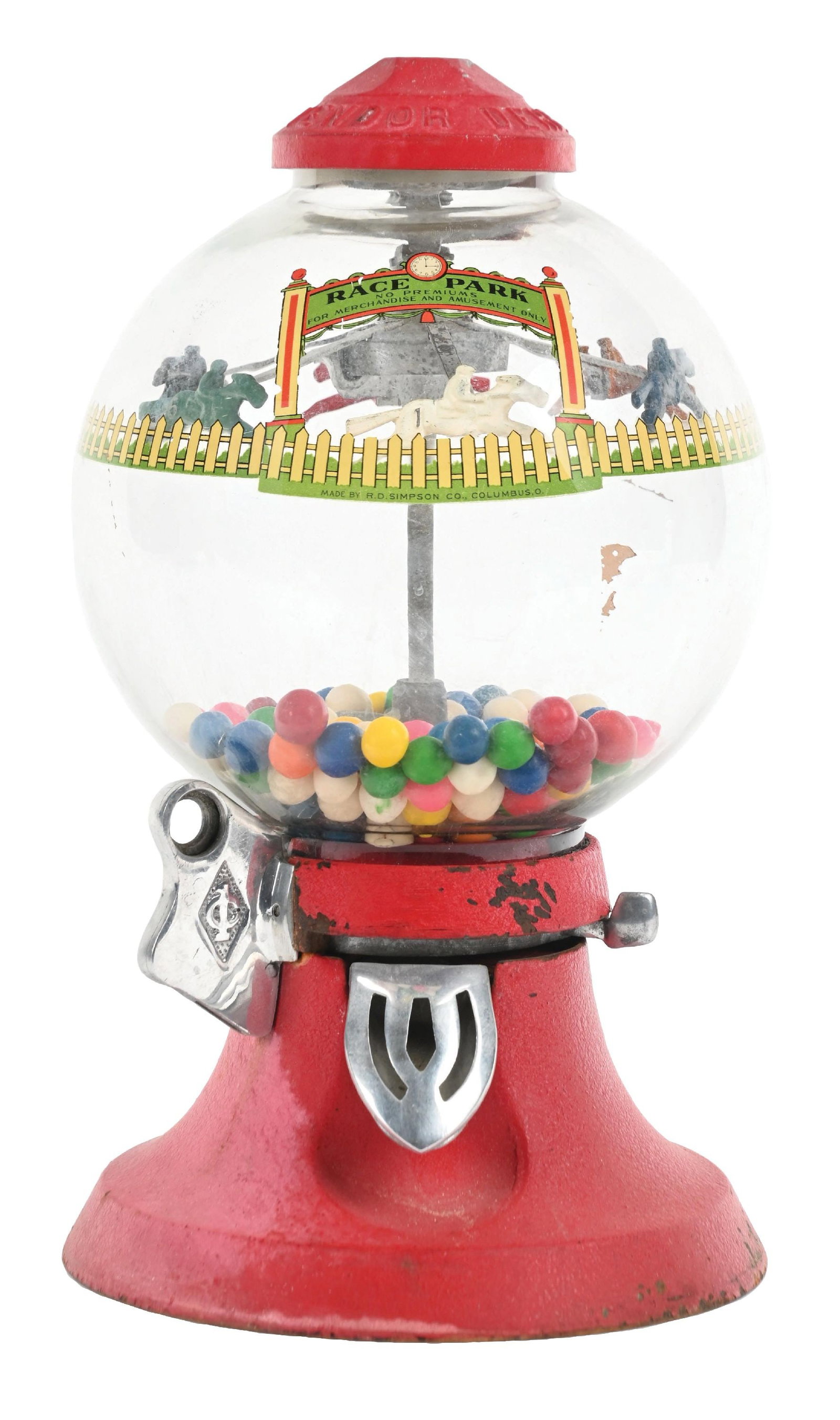 1¢ DERBY CONFECTION VENDOR RACE PARK VENDING MACHINE: C: 1940. R.D. Simpson Co. CONDITION: Cast iron version in original paint with globe and decal. The top cap is a marriage from the aluminum version and painted red. Horses are in original paint and the