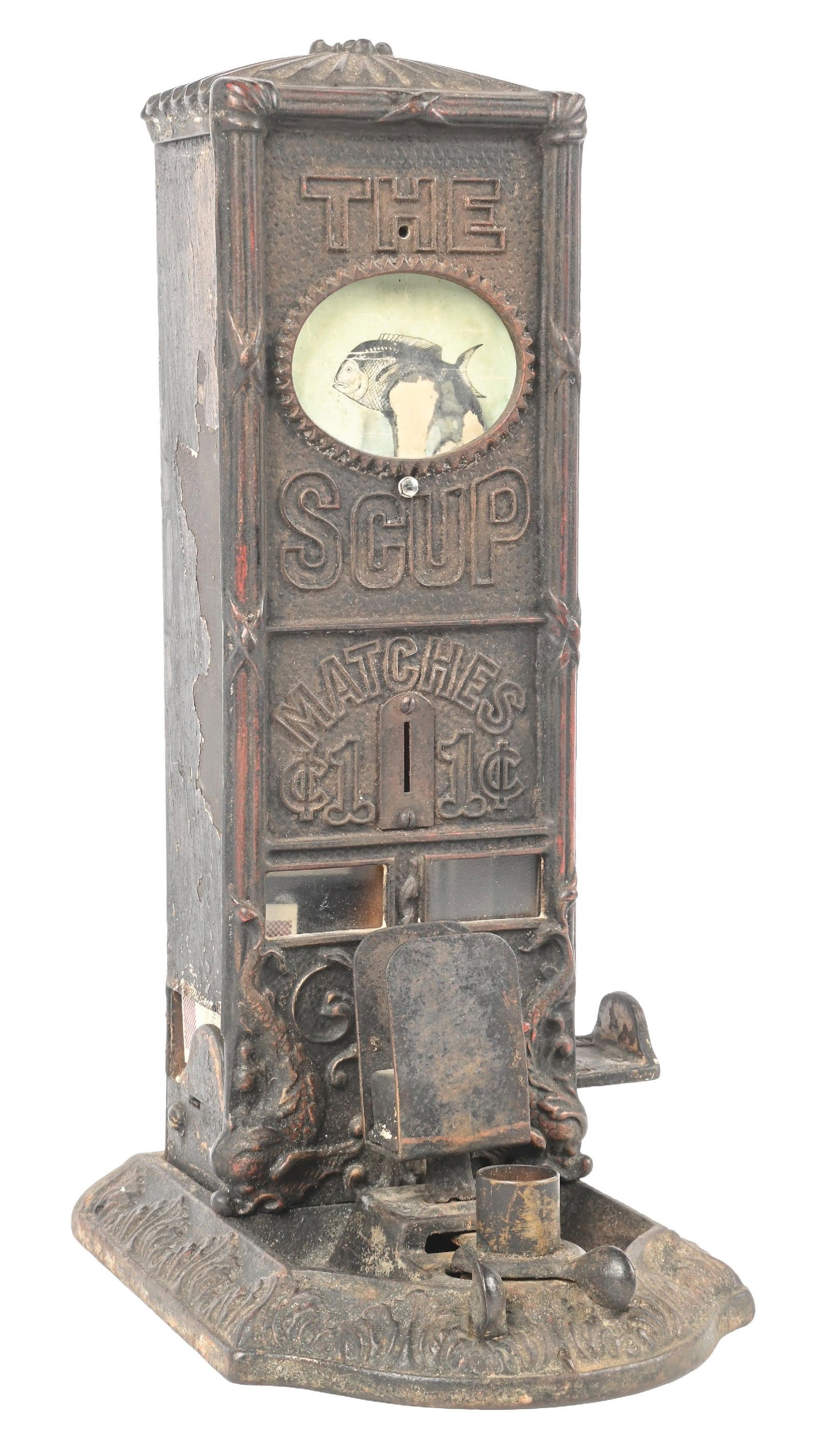 1¢ NORTHWESTERN CORP. "THE SCUP" MATCH VENDING MACHINE: This match vender is a private label version of the Northwestern Sellem, with a proprietary front casting. This version is in original plating, has the cigar cutter up front, and period lock. The oval
