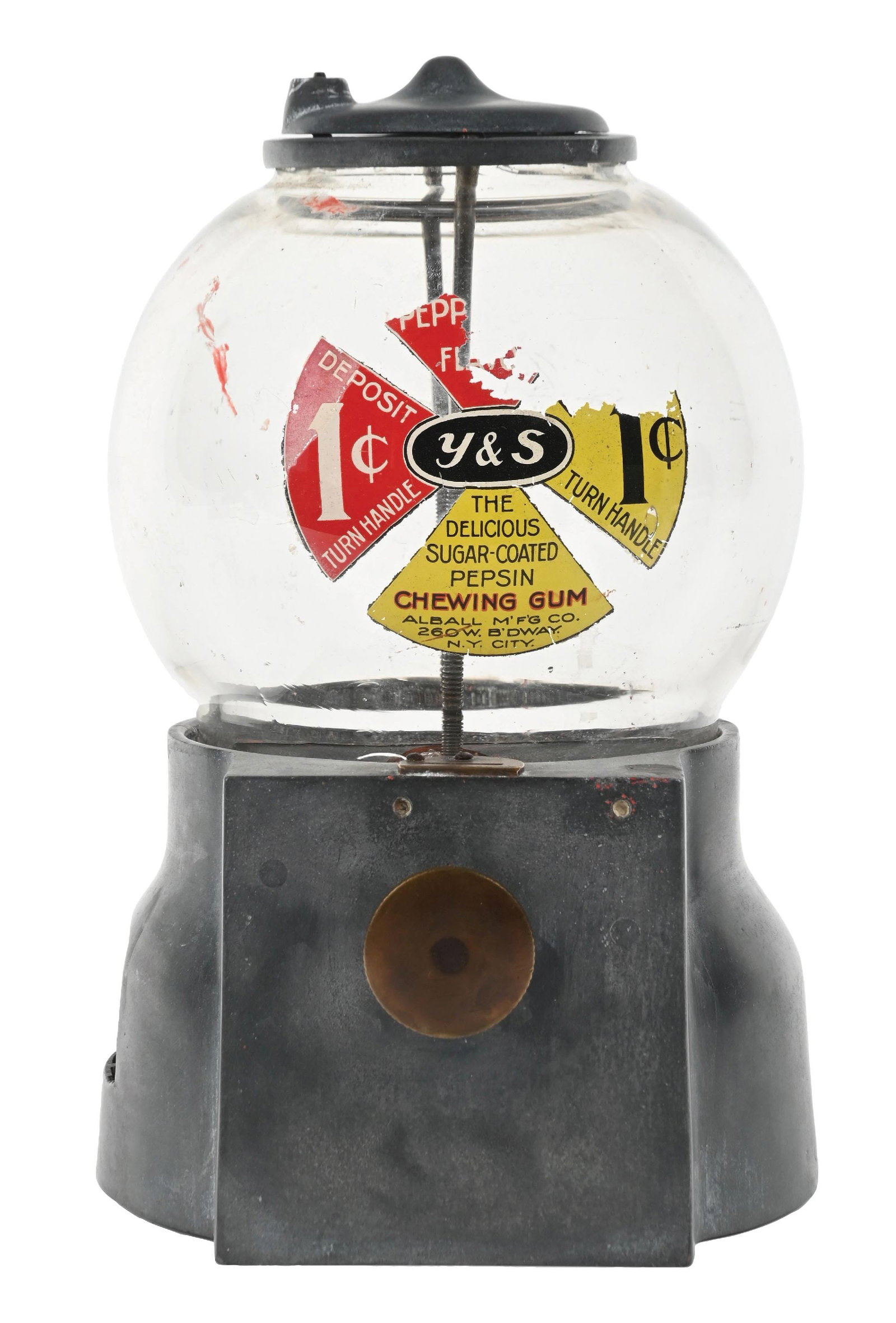 1¢ Y & S ALBALL CHEWING GUM VENDING MACHINE: CONDITION: Showing all original patina, correct lock with replicated key. Partial original Y&S decal. A difficult vending machine to locate. Fully operational. Condition: (Good). Dimensions: 16" x 9" 