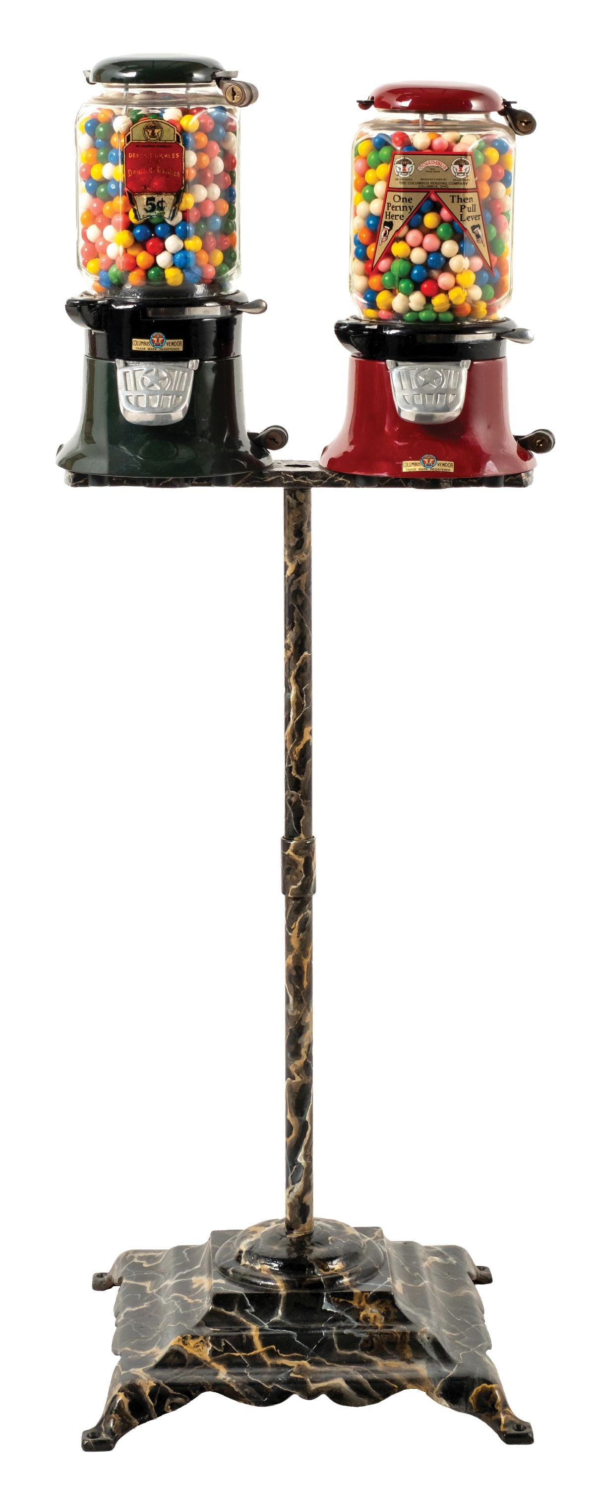 PAIR OF RESTORED COLUMBUS GUMBALL MACHINES ON A COLUMBUS STAND (1 of 7)