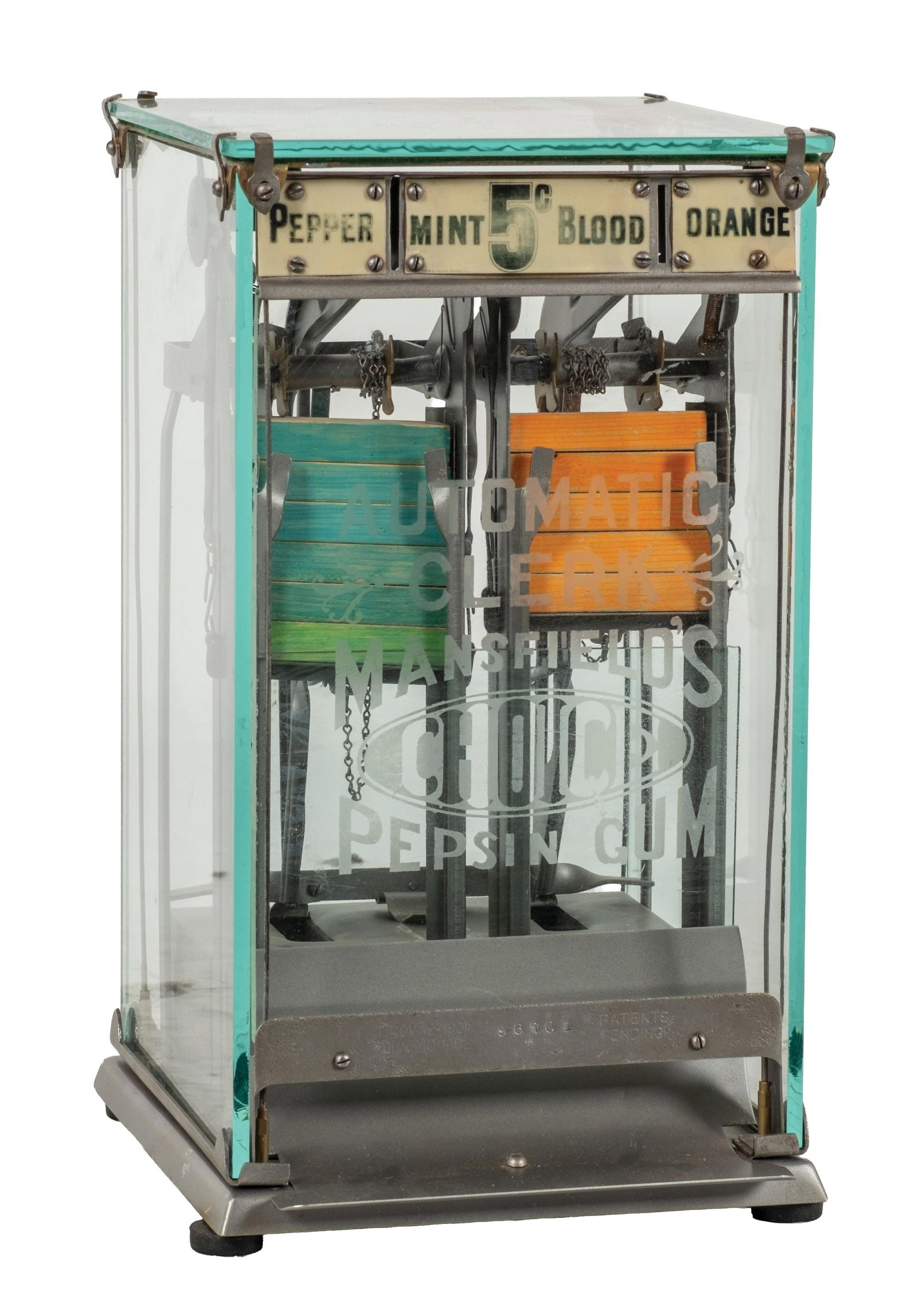 5¢ MANSFIELD AUTOMATIC CLERK VENDING MACHINE: C. 1902. CONDITION: An all original machine with a stamped tin base. It has original glass on all four sides and top, original hold down brackets, original front glass and celluloid coin entry. comple