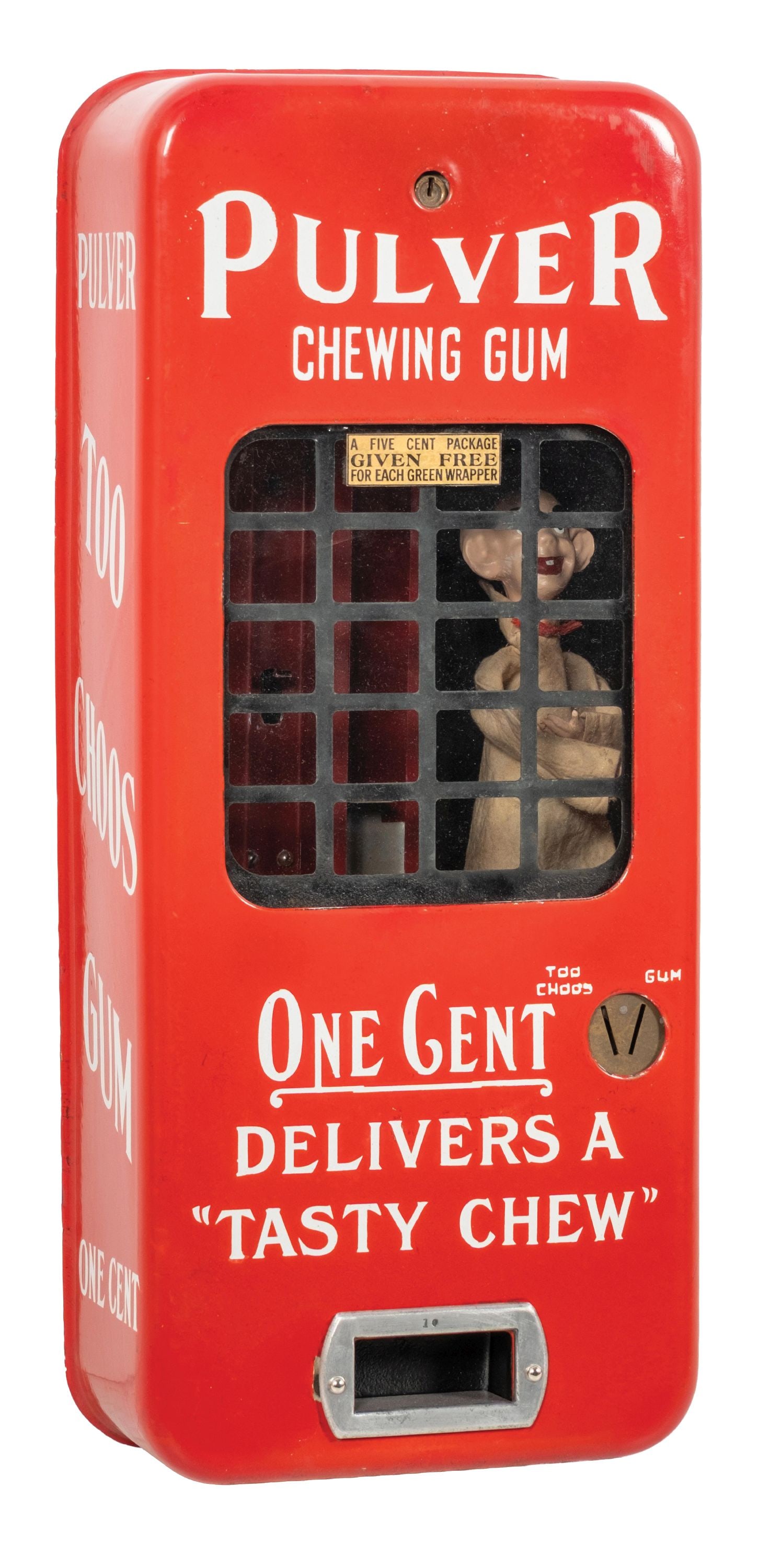 1¢ PULLVER TOO CHOOS RED PORCELAIN VENDING MACHINE WITH YELLOW KID FIGURE: C: 1930. CONDITION: A beautiful example of this Too Choos version of the Pulver tab gum vending machine with a clothed restored Yellow Kid figure. New paint to the original mechanism and with Pulver w