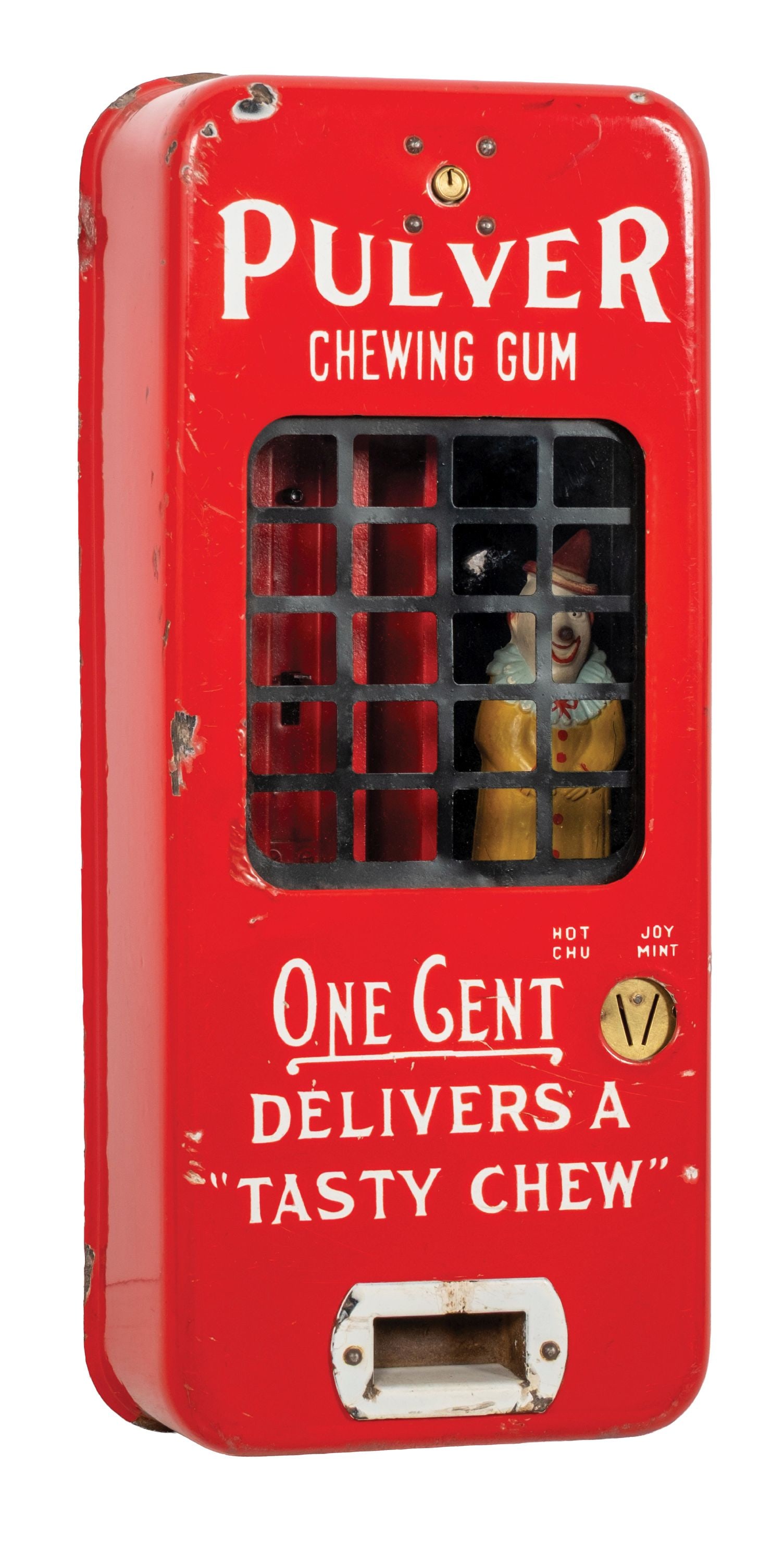 1¢ PULLVER RED VENDING MACHINE #4: C: 1930. All original red porcelain Pulver tab gum vending machine with tin clown character. Mech is in original paint and the case shows a few chips to the upper left and at 9:oclock. Working perfect