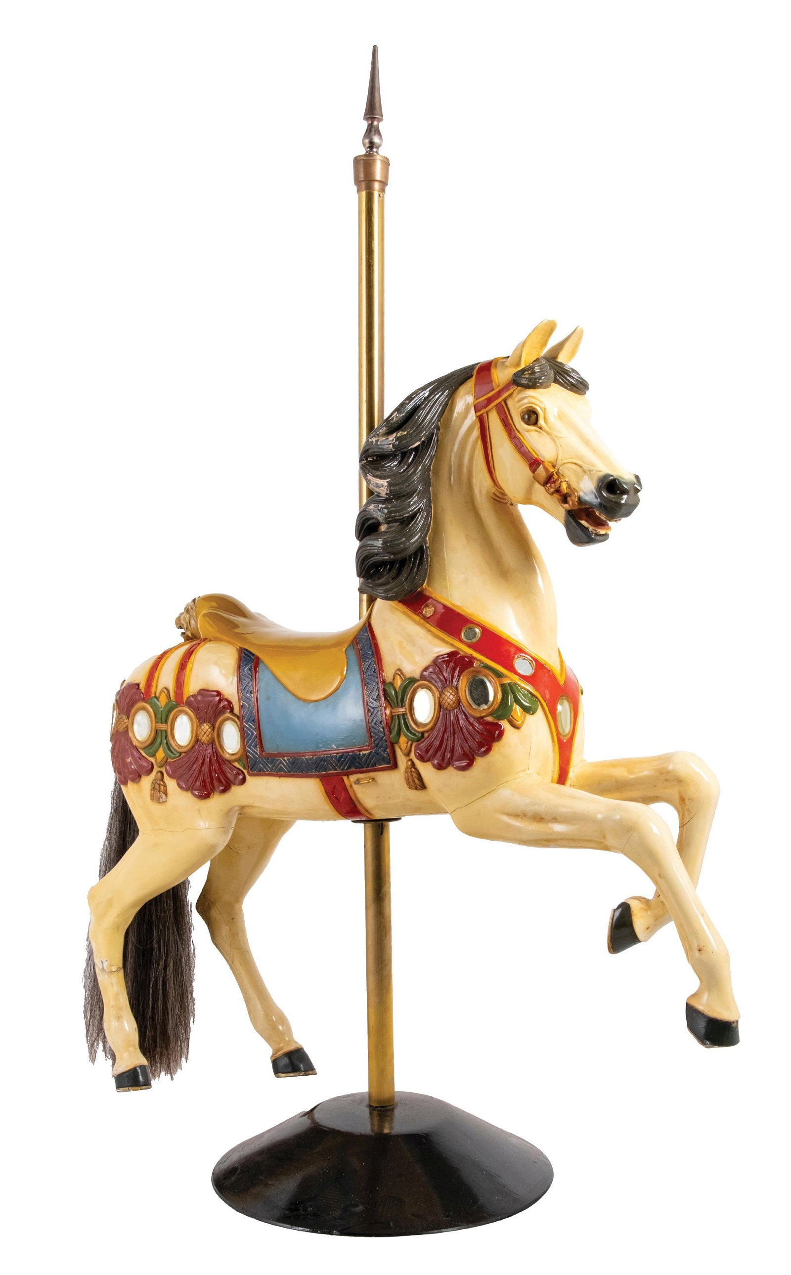 RESTORED DENTZEL CAROUSEL HORSE.: A beautiful outside prancing Karl Müeller carousel horse, with strong colors and a very well-done restoration. It has original beveled mirrors on throughout the right-hand side, missing one mirro