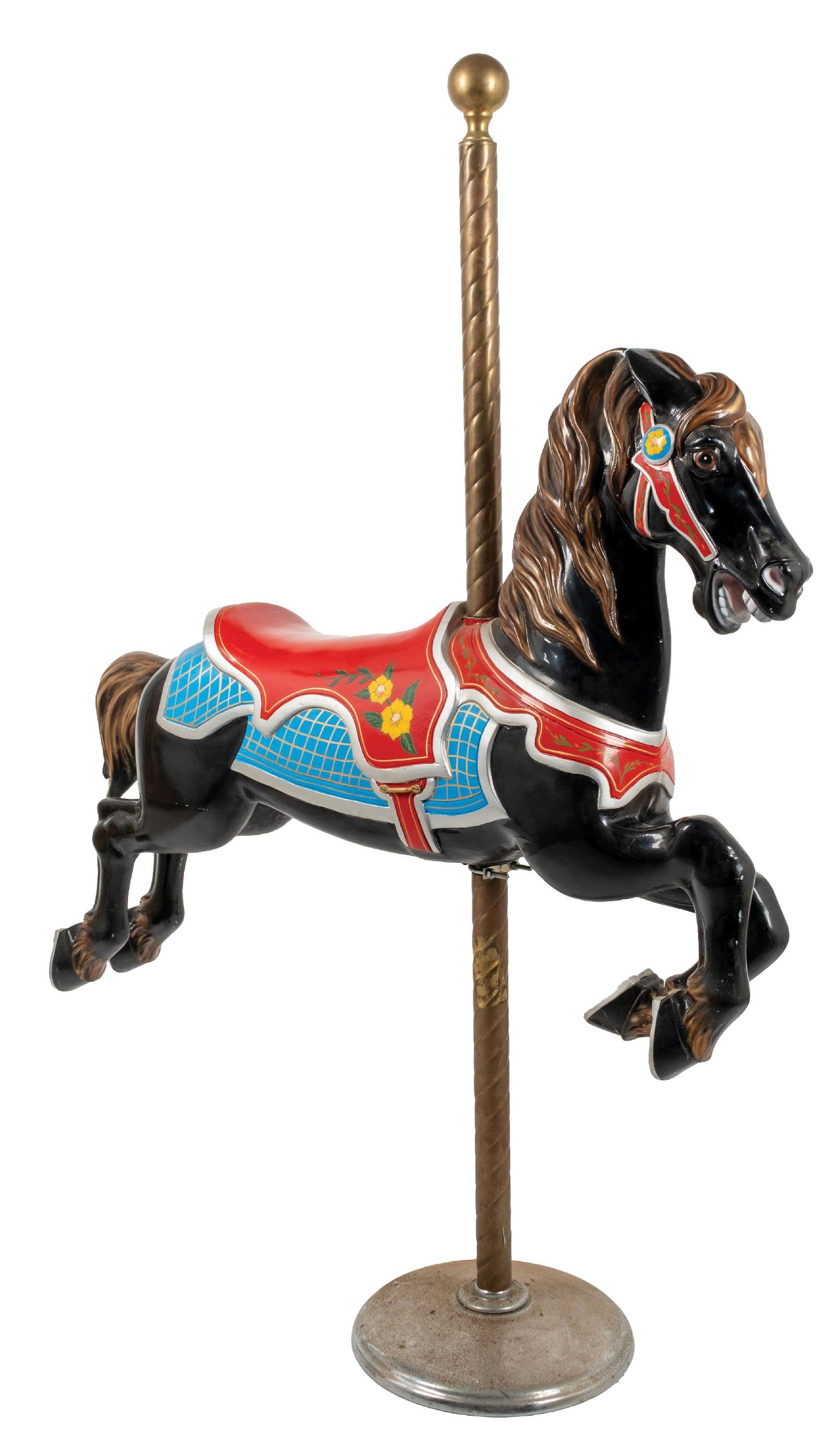 BLACK CAROUSEL HORSE ON STAND: A composite carousel horse done in black, red, and blue, with yellow flowers on the left- and right-hand side of the saddle. It is placed on a pole with brass coverings and brass ball on top.
