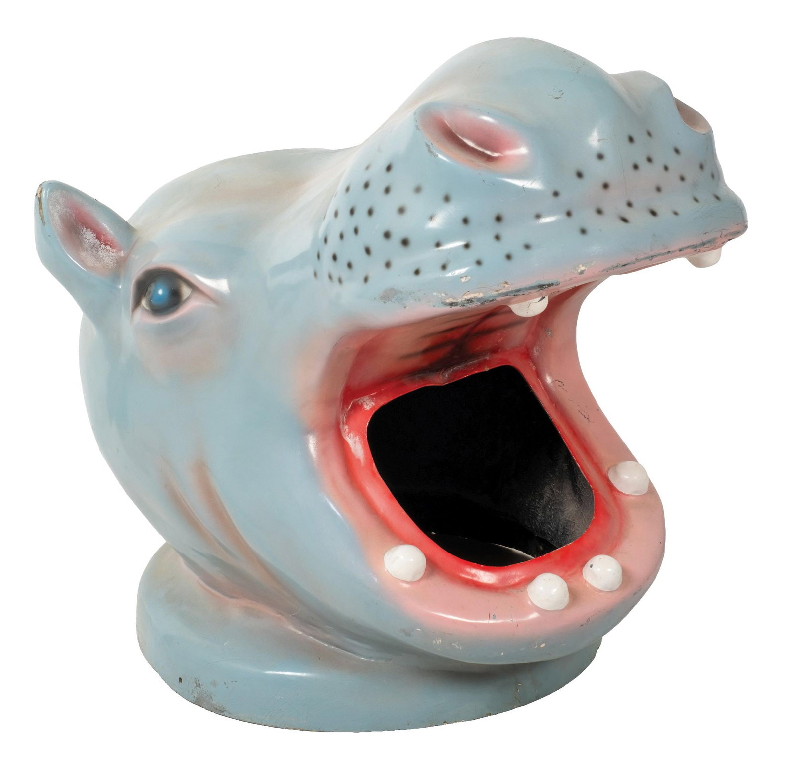 FIGURAL TRASH RECEPTACLE IN THE FORM OF A HIPPOPOTAMUS: CONDITION: Fiberglass construction with airbrushed color, showing no breaks, cracks, or repairs. Ready to be fitted to your trash receptacle. This is not a standard shippable item and will require