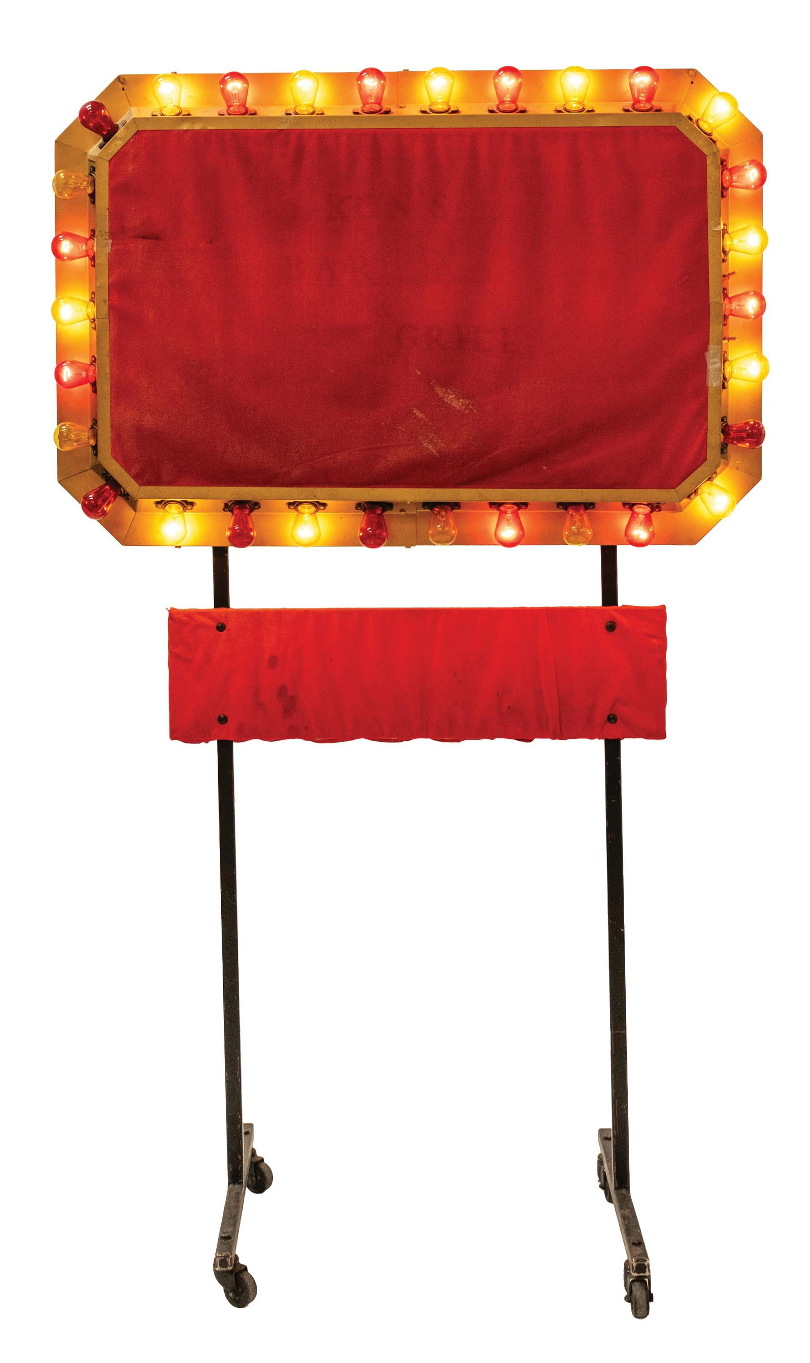 CARNIVAL MARQUEE WITH RED FABRIC: Lighted movie marquee display piece with red and gold bulbs. The marquees have been covered with felt where you could put your own panels in. The back has a maker mark for Electric Sign Company and Su