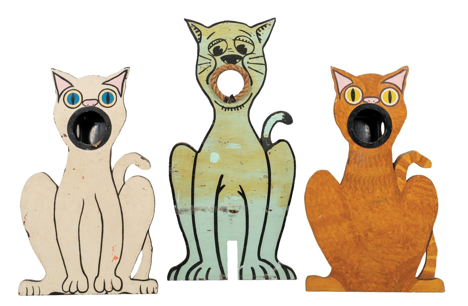 LOT OF 3: AMUSEMENT PARK CAT BALL TOSS GAME BOARDS: A set of three hand-painted on plywood beanbag cat carnival game tosses. (A) The tallest is in a green color with nicely-aged patina and a large rope as the border of the mouth where the beanbag or ba