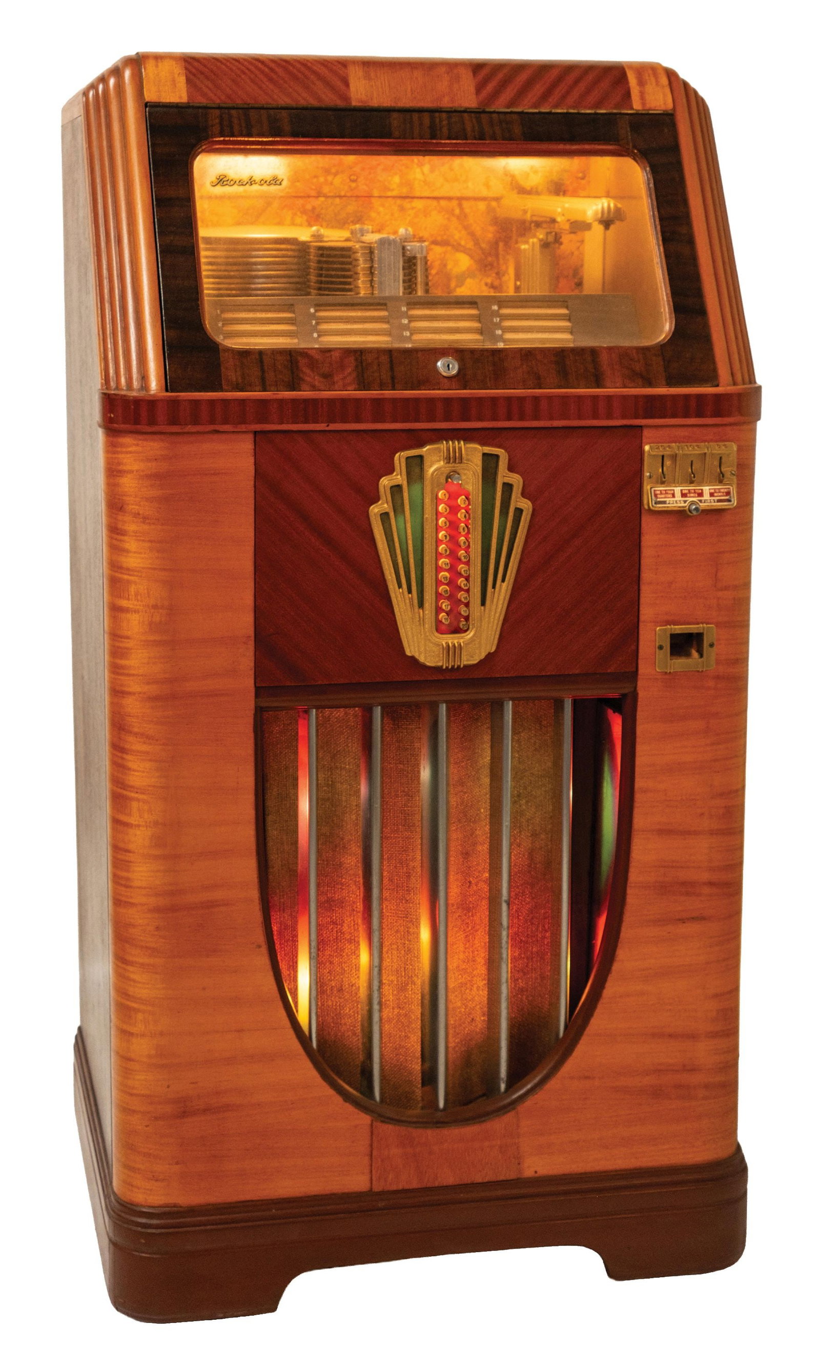 ROCK-OLA SERIES "B" "MONARCH" JUKE BOX: C: 1938. CONDITION: Playing 20 selections of 78 RPM records. Showing an older restoration with refinished cabinet, shopped interior mechanics, and original push button selector. A seldom seen Rock-Ola