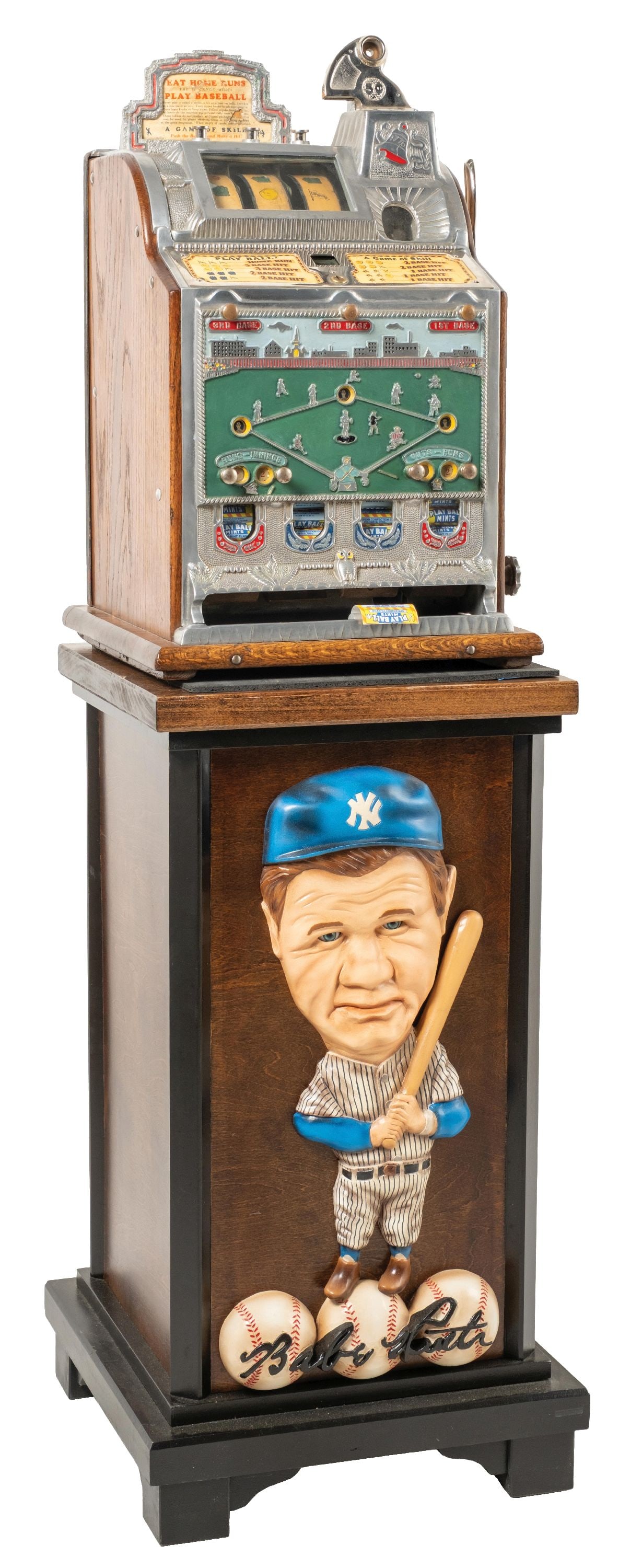 5¢ MILLS BASEBALL SLOT MACHINE WITH WOODEN BASEBALL SLOT STAND (1 of 7)