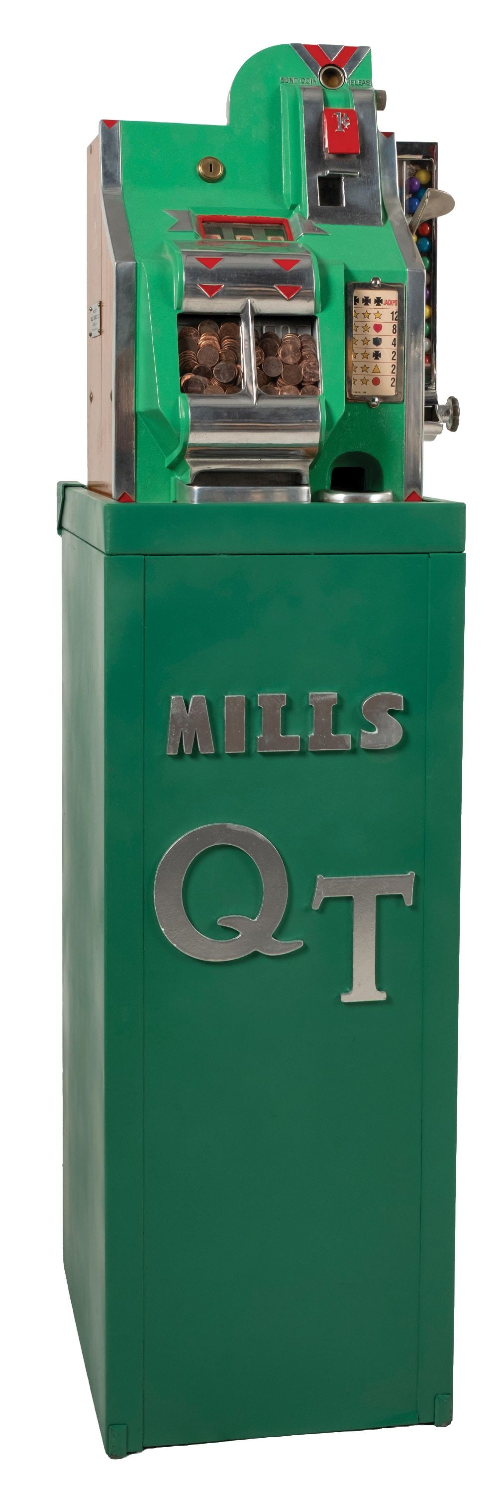 1¢ MILLS "QT CHEVRON" SLOT MACHINE WITH SIDE VENDER ON STAND: CONDITION: Showing a complete restoration with new reel strips, award card, original back door and slot stand built for a QT. Plays and pays correctly and the jack pot works as well as the gum vender.