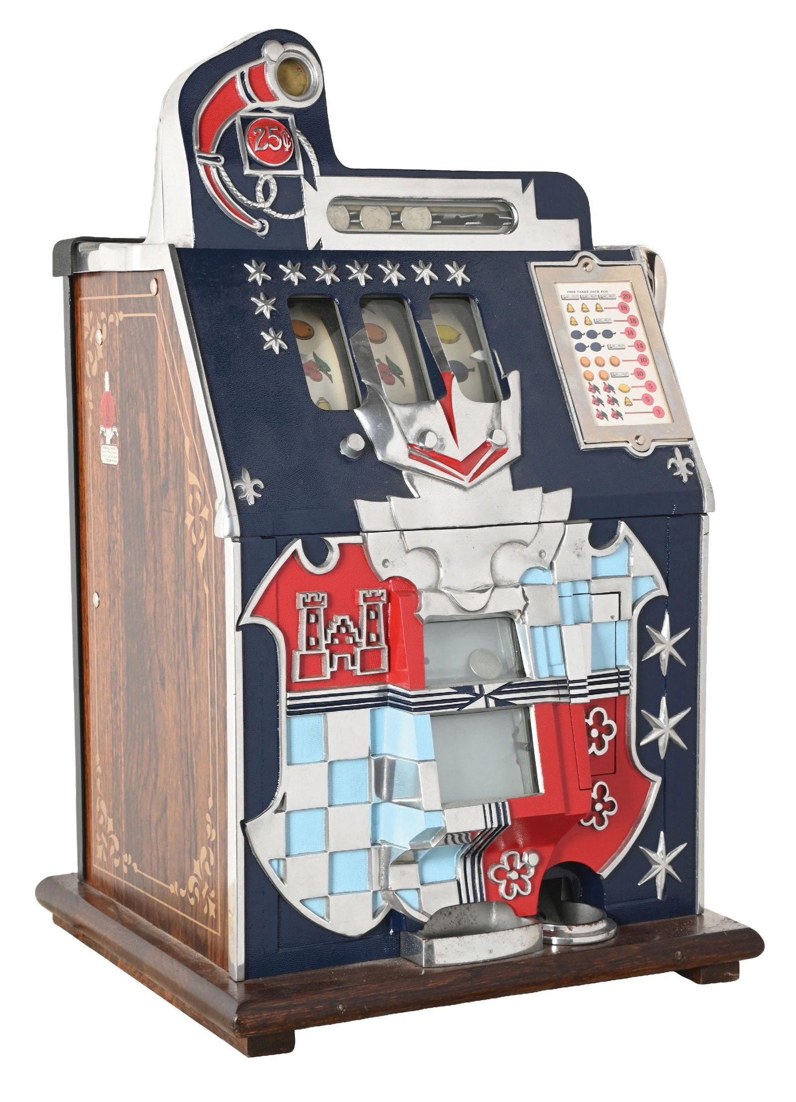 25¢ MILLS NOVELTY CO. CASTLE FRONT SLOT MACHINE: CONDITION: Showing a restored machine with a new cabinet. Replaced reel strips, award card, back door and original cash box. Plays and pays, including the jack pot. This is not a standard shippable it