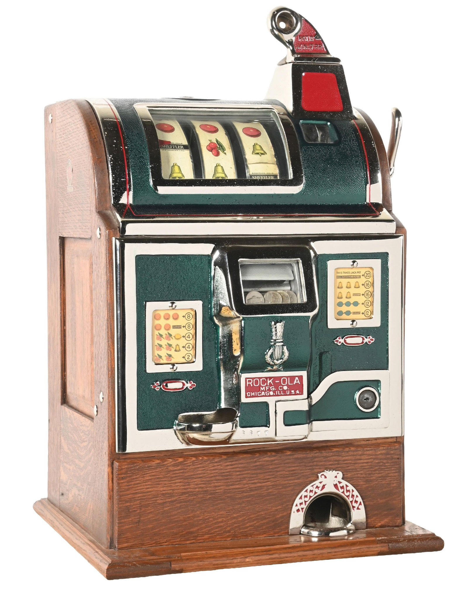 5¢ JENNINGS ROCK-OLA JACKPOT FRONT SLOT MACHINE: CONDITION: Showing a nice Oder restoration to the cabinet with original reel strips and award card. Recast back door and no cash box. Plays and pays correctly, including the jackpot. This is not a sta