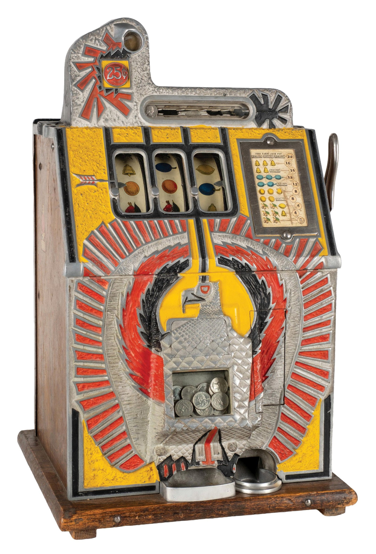 25¢ MILLS WAR EAGLE SLOT MACHINE: CONDITION: Showing an older restoration with new reel strips and award card. Back door is original as is the cash box. Plays and pays correctly, including the jackpot. Condition: (Very Good). Dimensio