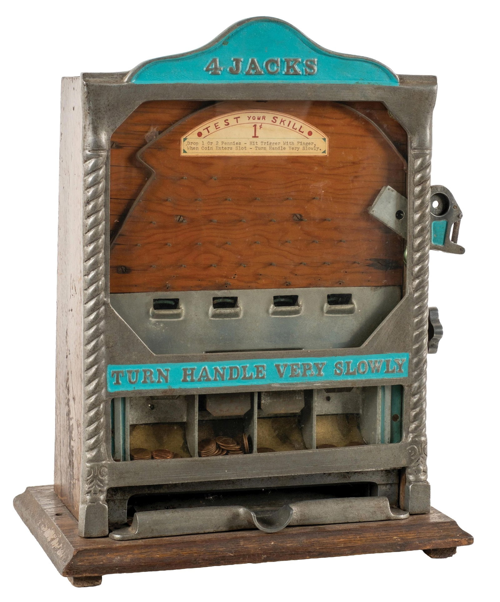 1¢ FIELDS MFG. FOUR JACKS COUNTER POCKET SLOT MACHINE: C. 1930. Countertop coin-flip game made by Fields Manufacturing. Oak cabinet and cast metal front. CONDITION: A very nice original machine in aged patina. Great original decal and original marquee. Fu