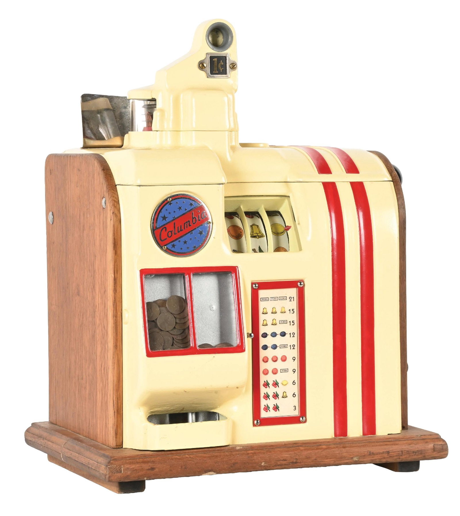 1¢ GROETCHEN COLUMBIA SLOT MACHINE: CONDITION: Showing an older restoration with new reel strips, award card, back door and lock. New paint and plating, missing the cash box. Plays and pays correctly. This is not a standard shippable it
