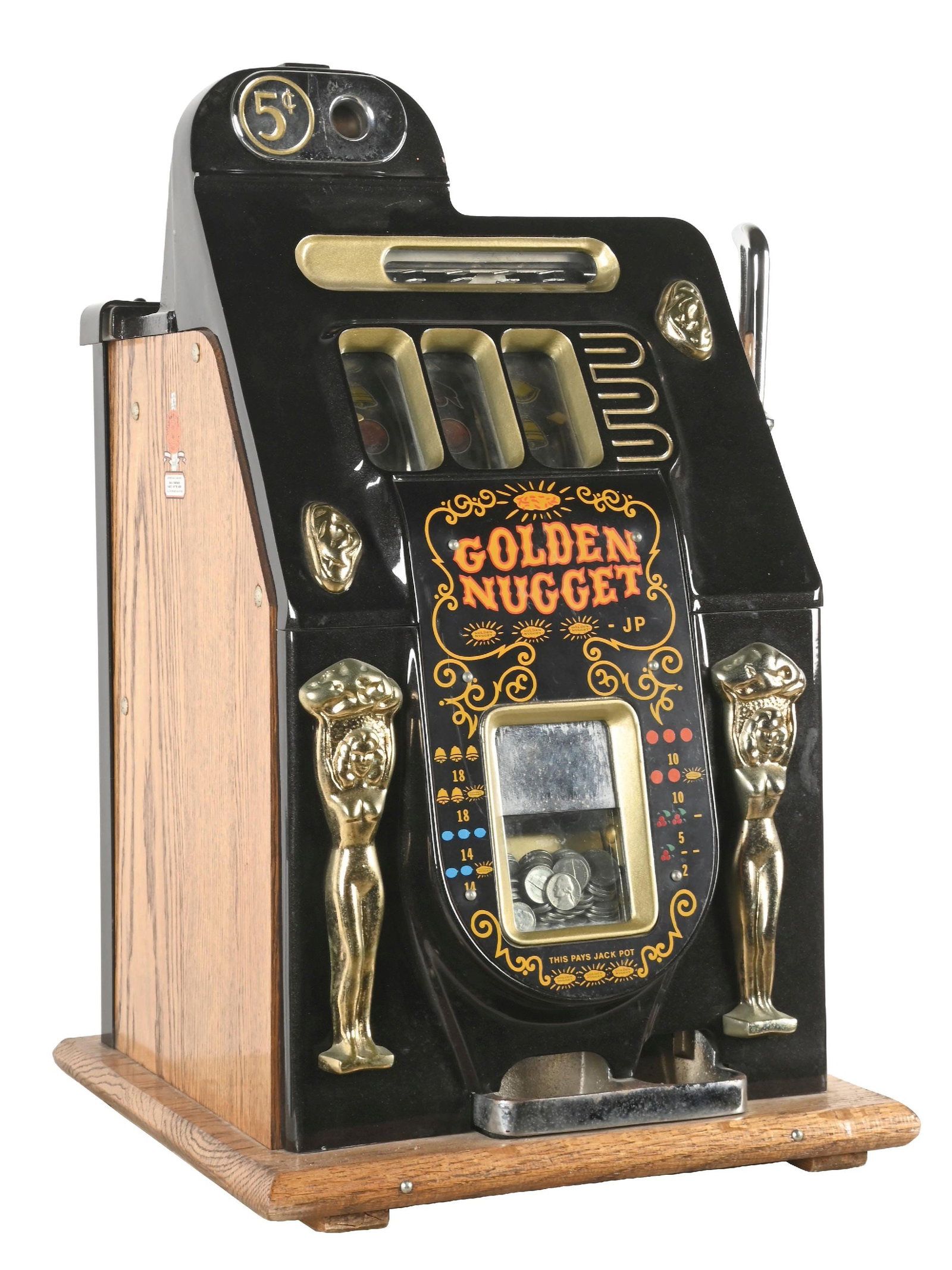 5¢ MILLS NOVELTY CO. GOLDEN NUGGET REPLICA SLOT MACHINE: CONDITION: Showing a replica Gold Nugget with new cabinet, reel strips, award card, front casting and back door and cash box. Currently on free play as there is an escalator issue. Jack pot is not wor