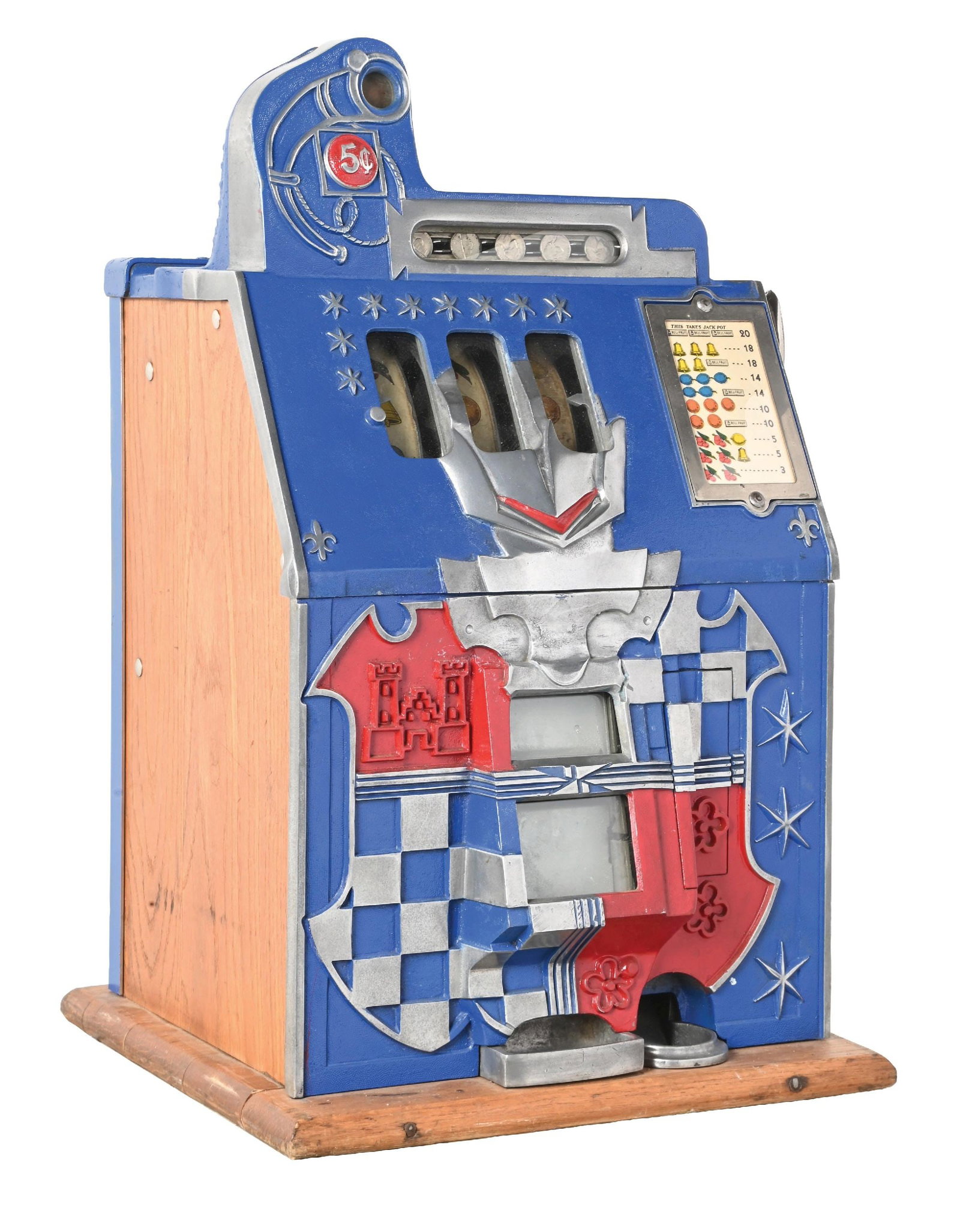 5¢ MILLS NOVELTY CO. CASTLE FRONT SLOT MACHINE: CONDITION: Showing an older repaint to the casting, with original reel strips and replaced award card. The back door is original and there is no cash box. The machine is currently jammed and will requ