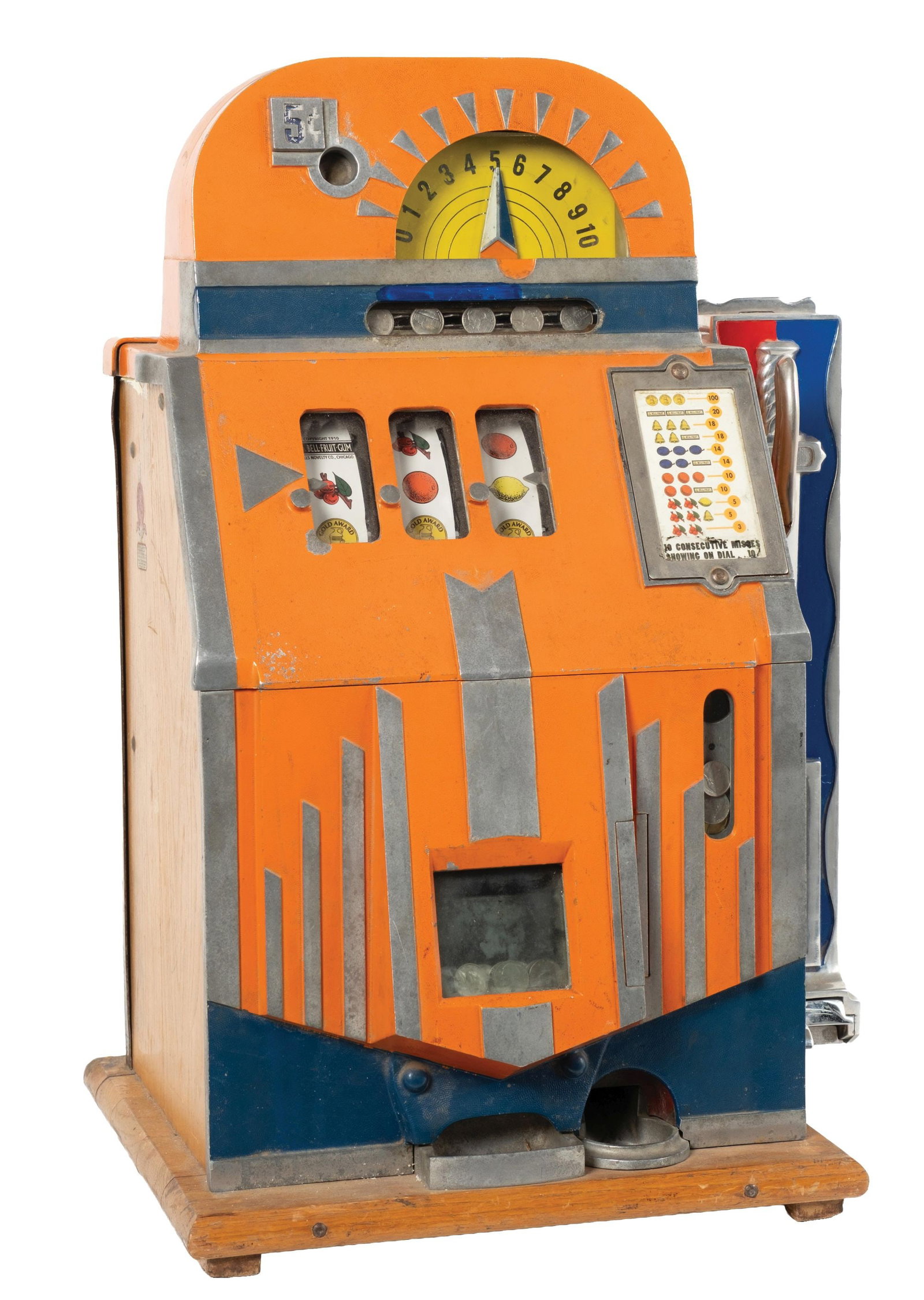 5¢ MILLS "FUTURITY" SLOT MACHINE: 5¢ Mills Futurity machine with side vendor. CONDITION: Has original award card and what appear to be replacement reel strips. Has the original Mills Novelty metal label on the side, reading "OK V