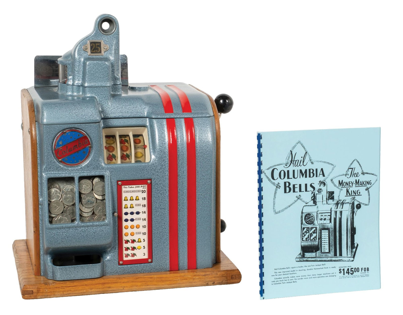 25¢ GROTCHEN TOOL & MFG. CO. COLUMBIA JACKPOT BELL SLOT MACHINE: C. 1940. CONDITION: An original example with original award cards, reel strips, and back door. Paint and cabinet finish show wear from age and use. Plays and pays. Comes with several printed repair ma