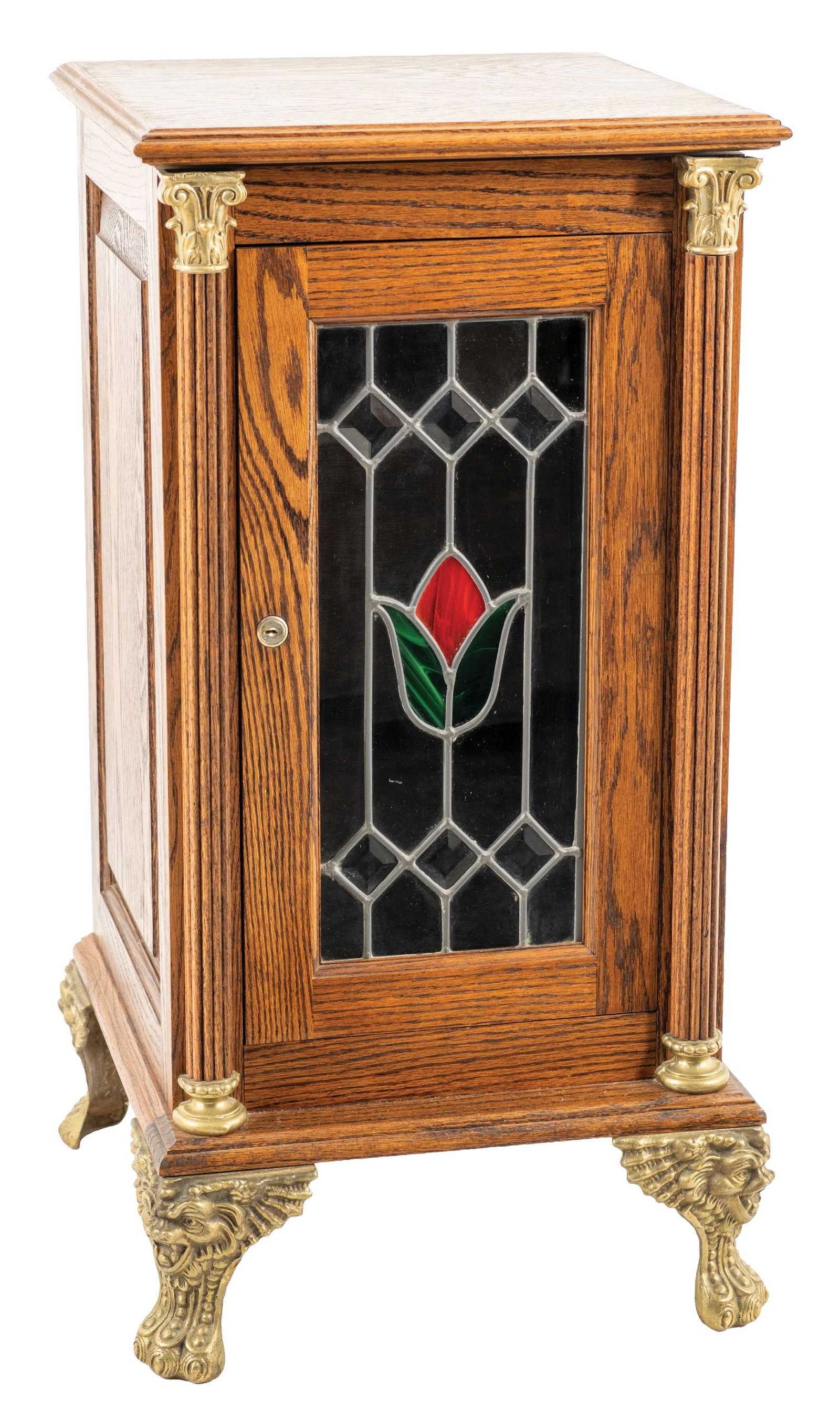 CONTEMPORARY OAK SLOT MACHINE STAND: CONDITION: Showing recast claw feet, applied columns to the front, glass door with lock and key, oak construction showing very little wear. Condition: (Very Good). Dimensions: 18" X 18" X 34"