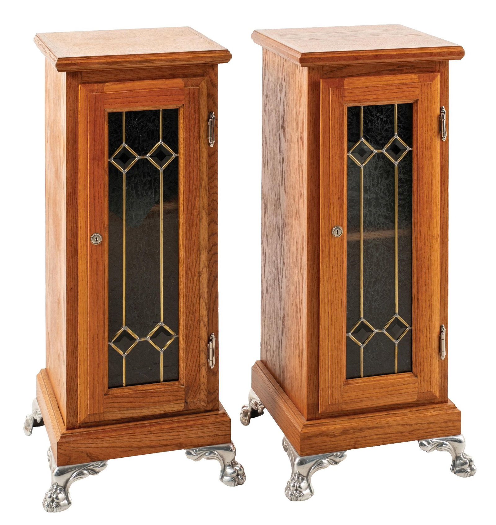 PAIR OF CONTEMPORARY OAK SLOT MACHINE STANDS: CONDITION: Slim-style slot machine stands, great for smaller slots or trade stimulators, showing glass front doors with lock and key, recast feet, very little wear to the oak. Condition: (Very Good). 