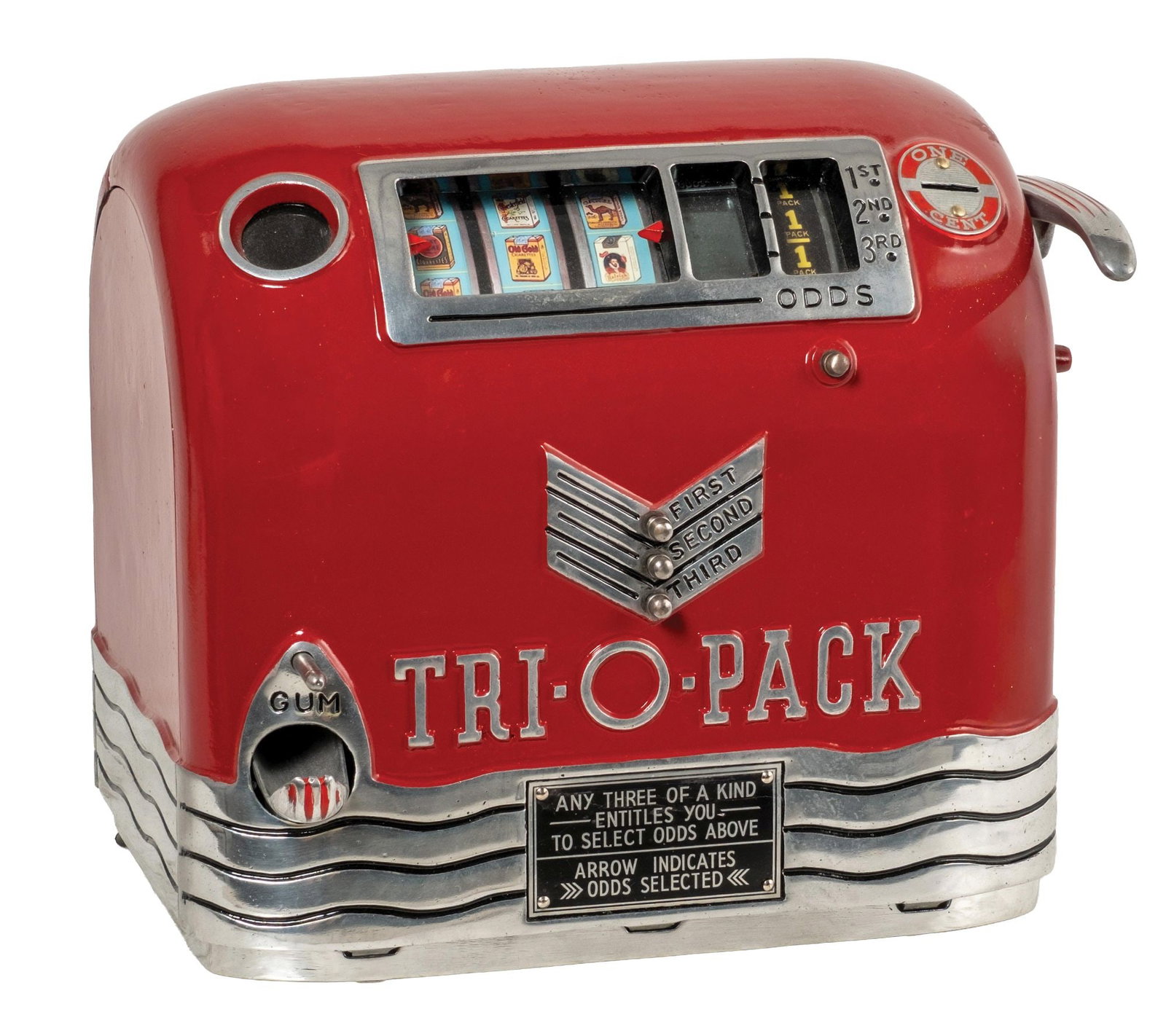 1¢ TRI-O-PACK CIGARETTE-THEMED TRADE STIMULATOR: CONDITION: Showing a restoration to the exterior cabinet, with new cigarette-themed reel strips, working skill stop for the odds reel, fully operational, working perfectly, and from a fresh-to-market 
