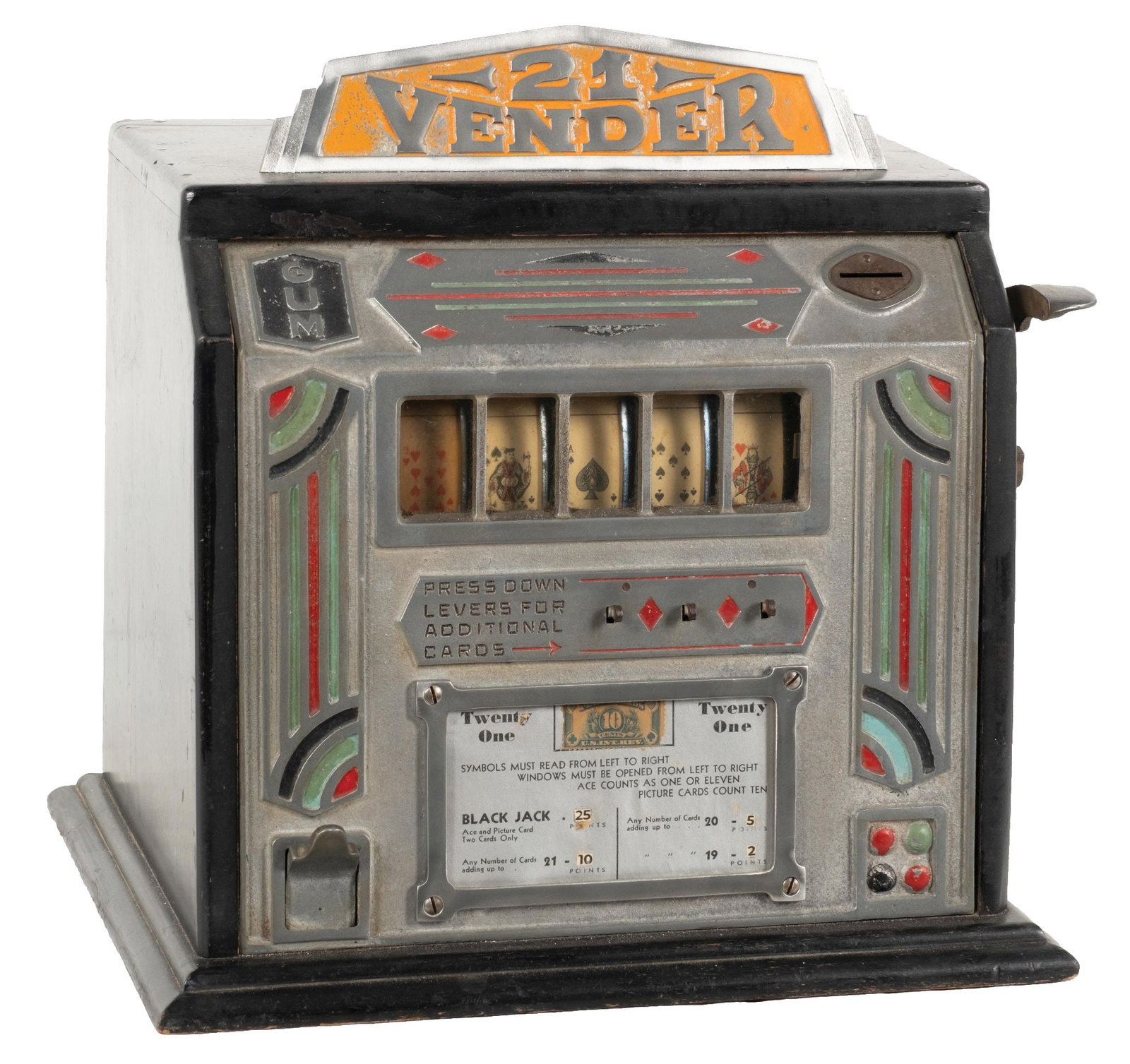 GROETCHEN 21 DRAW POKER TRADE STIMULATOR: C: 1927. Wonderful original example of the Gretchen 21 trade stimulator in all original condition. Original reel strips and award card with working skill stops. Fully operational with working gum ball
