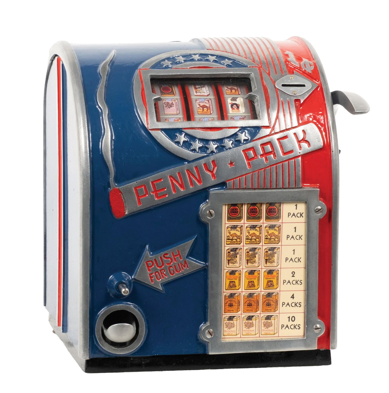 1¢ PENNY PACK TRADE STIMULATOR W/ WORKING GUMBALL VENDOR: CONDITION: Showing an older restoration, beautiful red and blue paint, with new reel strips, new award card, fully operating gumball mechanism, from a fresh-to-market collection. Condition: (Restored)