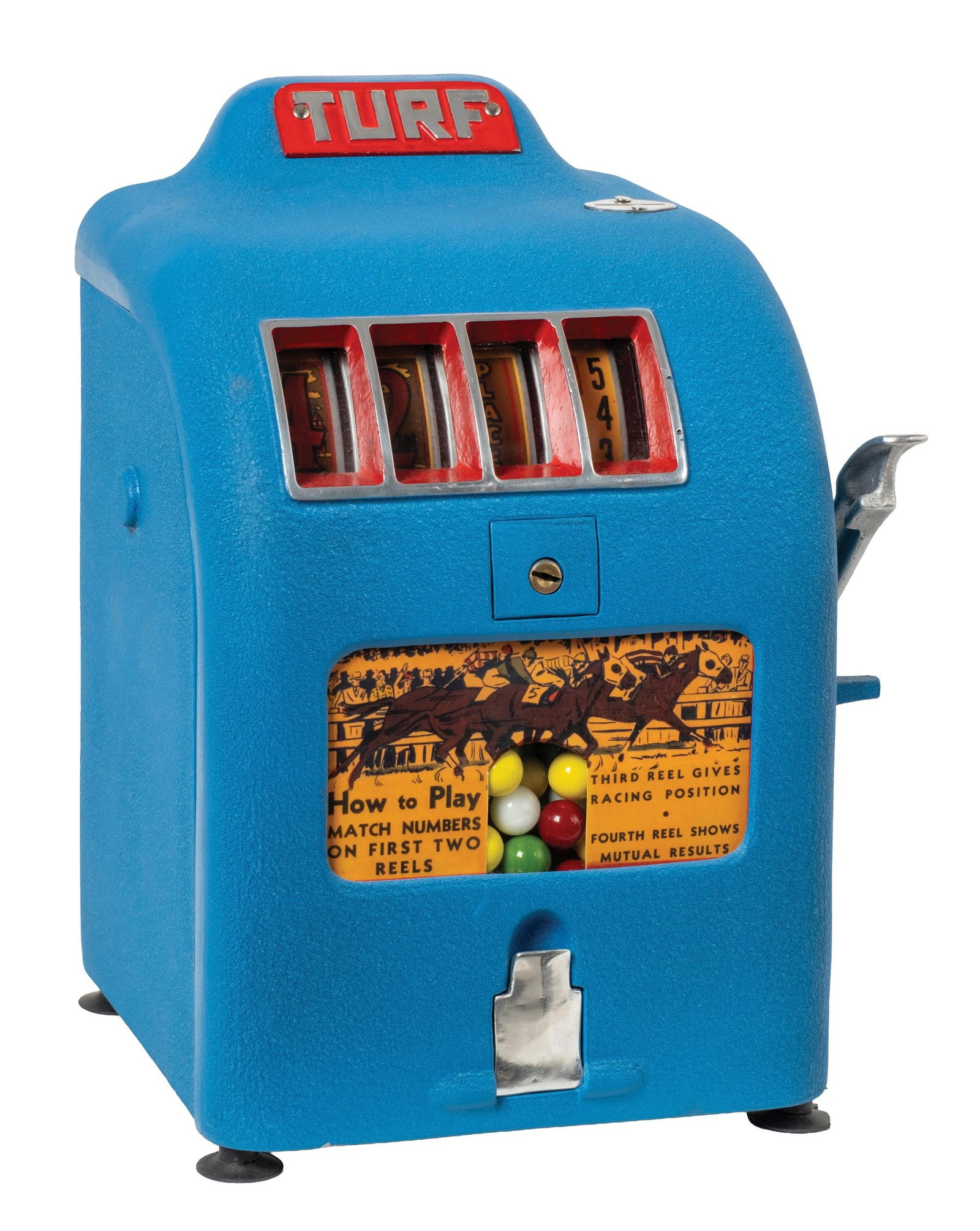 DAVAL "TURF" TRADE STIMULATOR: CONDITION: Showing new blue hammertone paint to the exterior, new reel strips, new award card, with working gumball mechanism. Fully operational and working perfectly, from a fresh-to-market collectio
