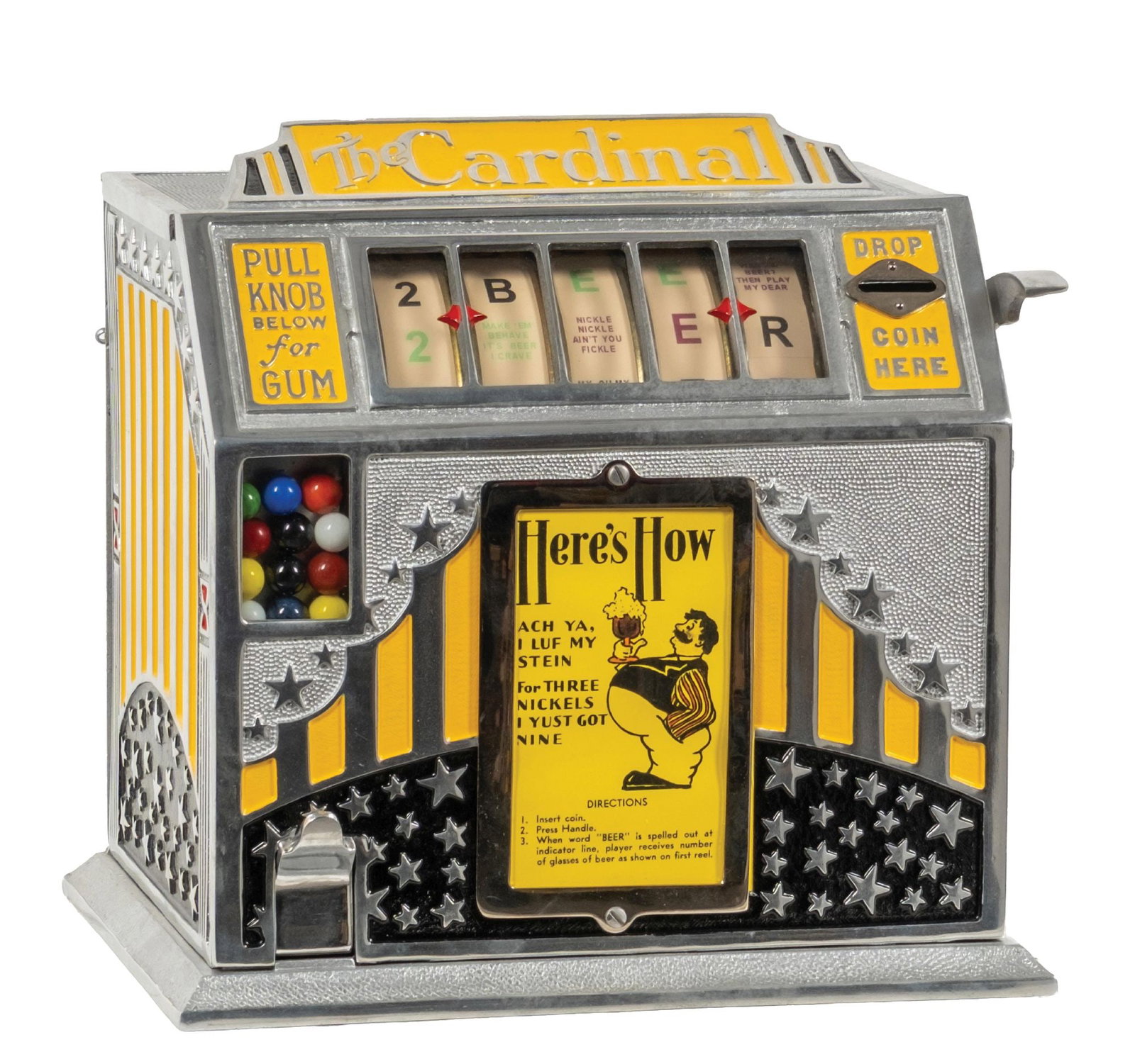 5¢ THE CARDINAL ALUMINUM TRADE STIMULATOR: CONDITION: Showing a complete restoration with polished aluminum cabinet, new inset paint, new reel strips, original back door, and fully operative gumball mechanism. A beautiful operating trade stimu