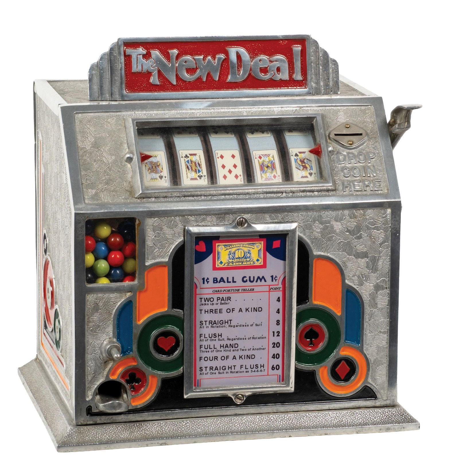 5¢ "NEW DEAL" TRADE STIMULATOR: CONDITION: Showing a restored aluminum cabinet that has been polished, new inset paint, new reel strips and award card, with working gumball mechanism. Has the original backdoor. Working perfectly and
