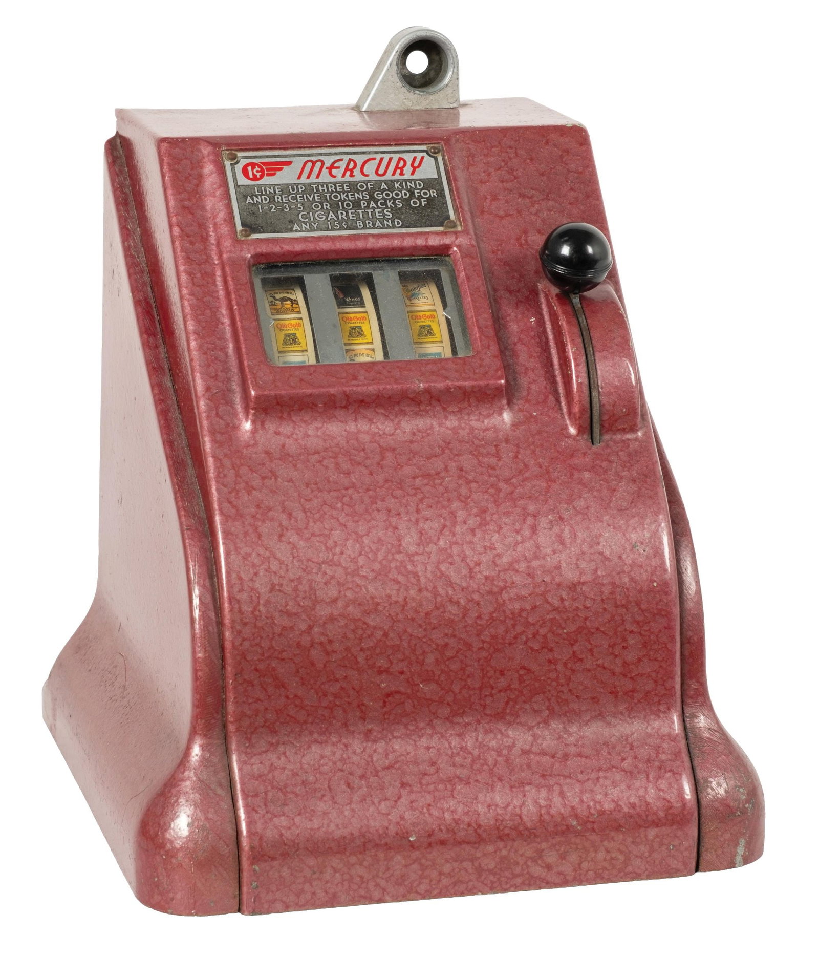 1¢ MERCURY CIGARETTE-THEMED TRADE STIMULATOR: CONDITION: Showing new hammertone paint to the cabinet, with original reel strips and original front Mercury plaque, original back door and token payout. Condition: (Very Good). Dimensions: 9" X 10" X