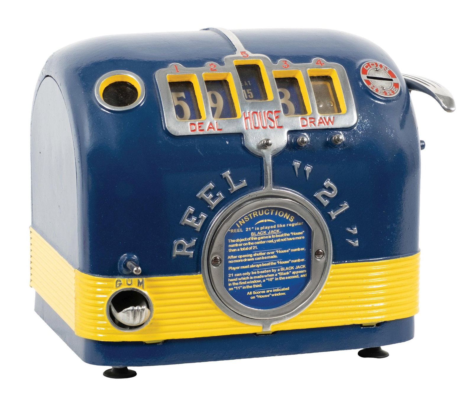 DAVAL "REEL 21" ALUMINUM TRADE STIMULATOR: CONDITION: Showing a restoration to the exterior cabinet, needing a new lock in the back door. With new reel strips, new award card, and working gumball mechanism. Fully operational and from a fresh-t
